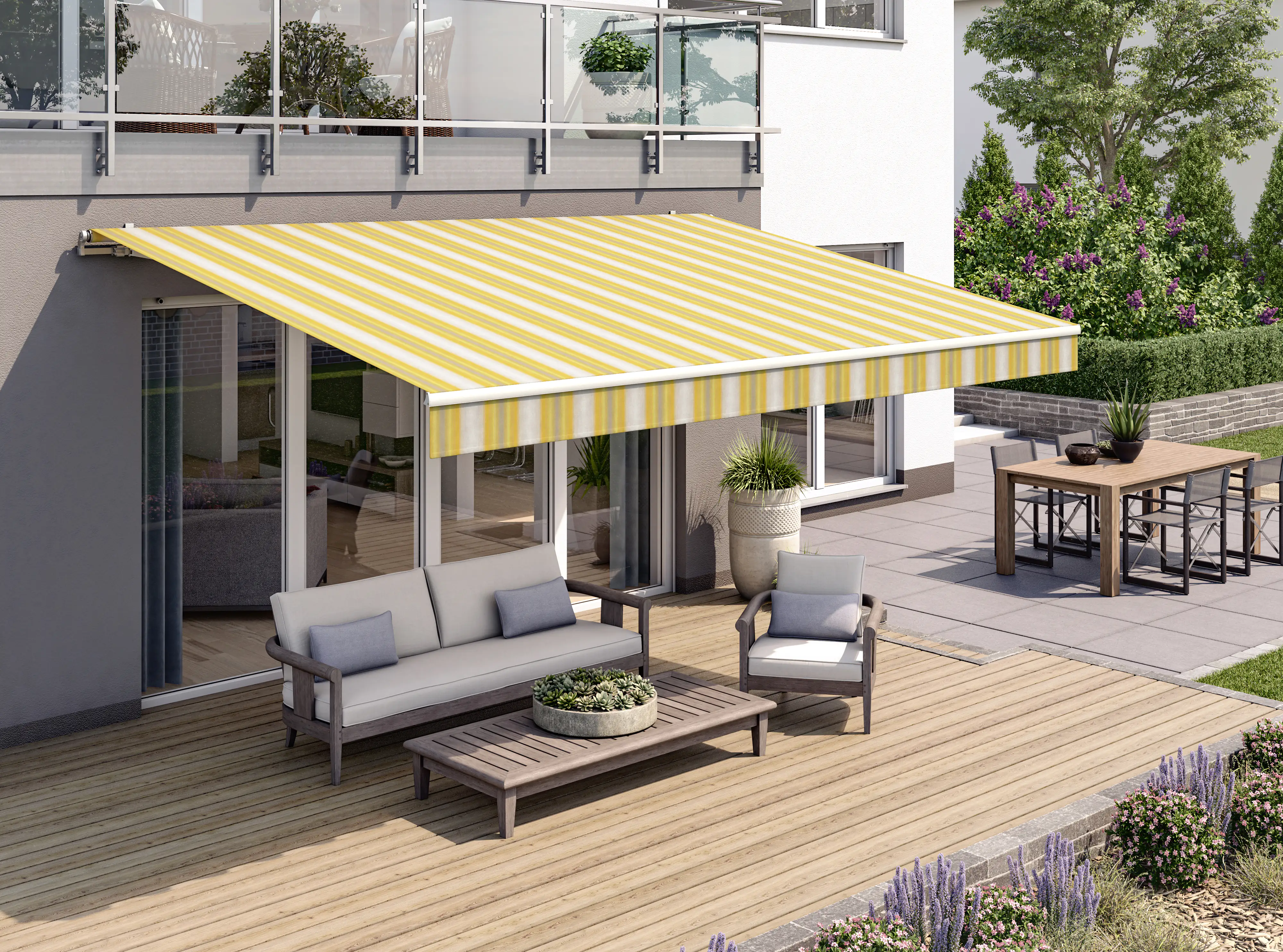 Gelenkarmmarkise Classic grau-gelb gestreift inkl. Motor, Handsender, Solar Panel Gelenkarmmarkise Classic grau-gelb gestreift inkl. Motor, Handsender, Solar Panel