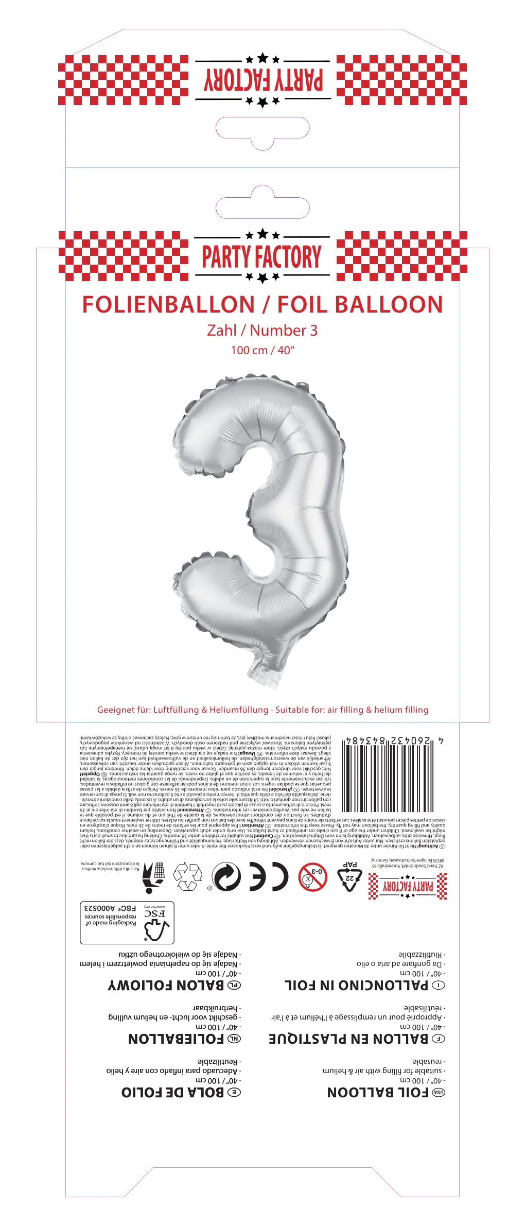 Folienballon Zahl 3 silber 100 cm