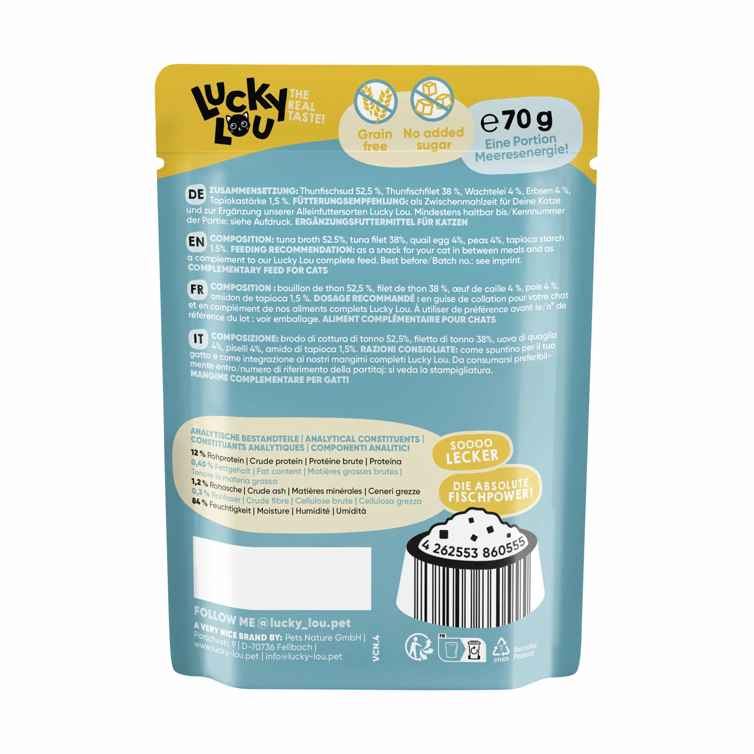 Lucky Lou Extrafood Katzennassfutter Adult getreidefrei 70 g Thunfisch mit Wachtelei in Sud