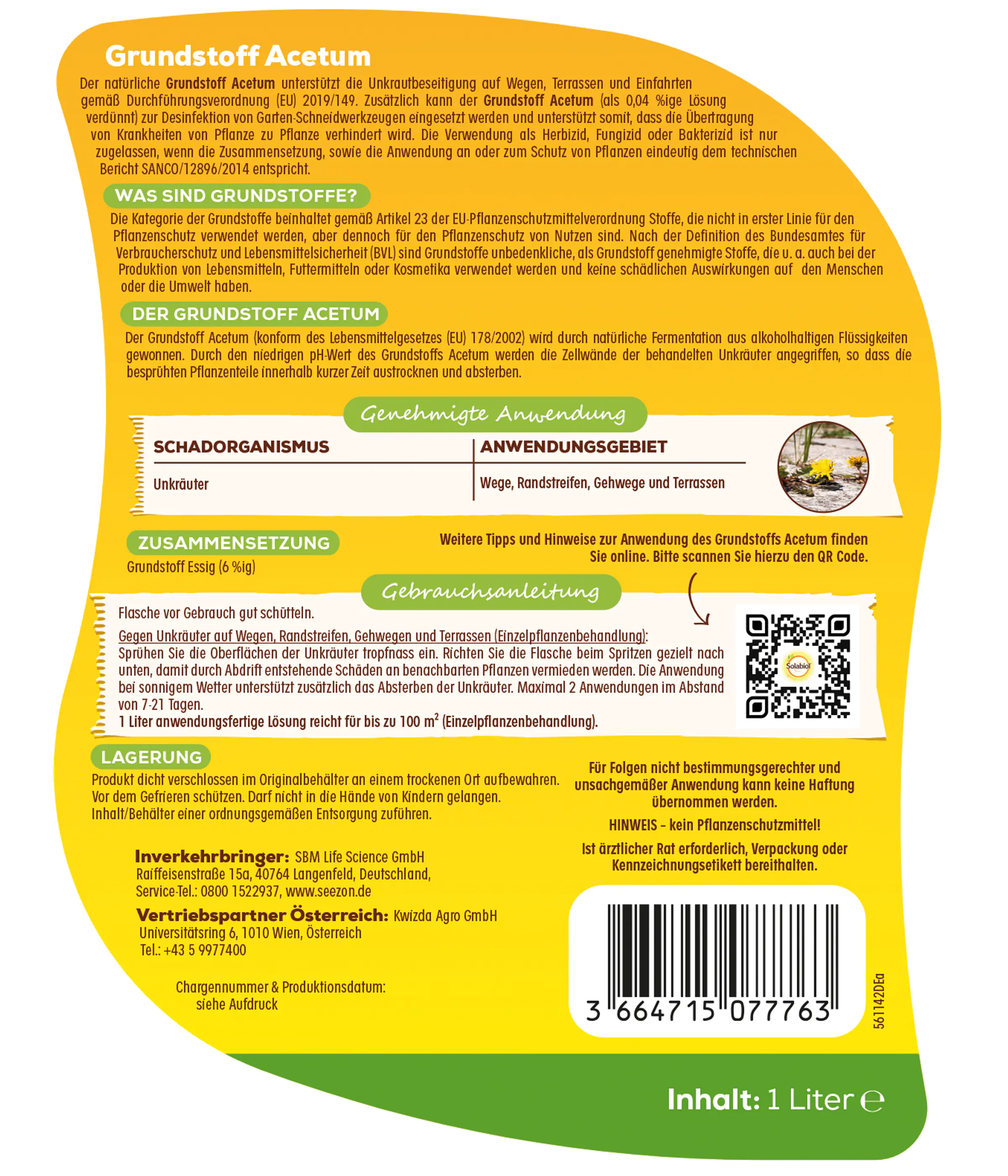 Solabiol Unkrautfrei Grundstoff Acetum Spray 1 L