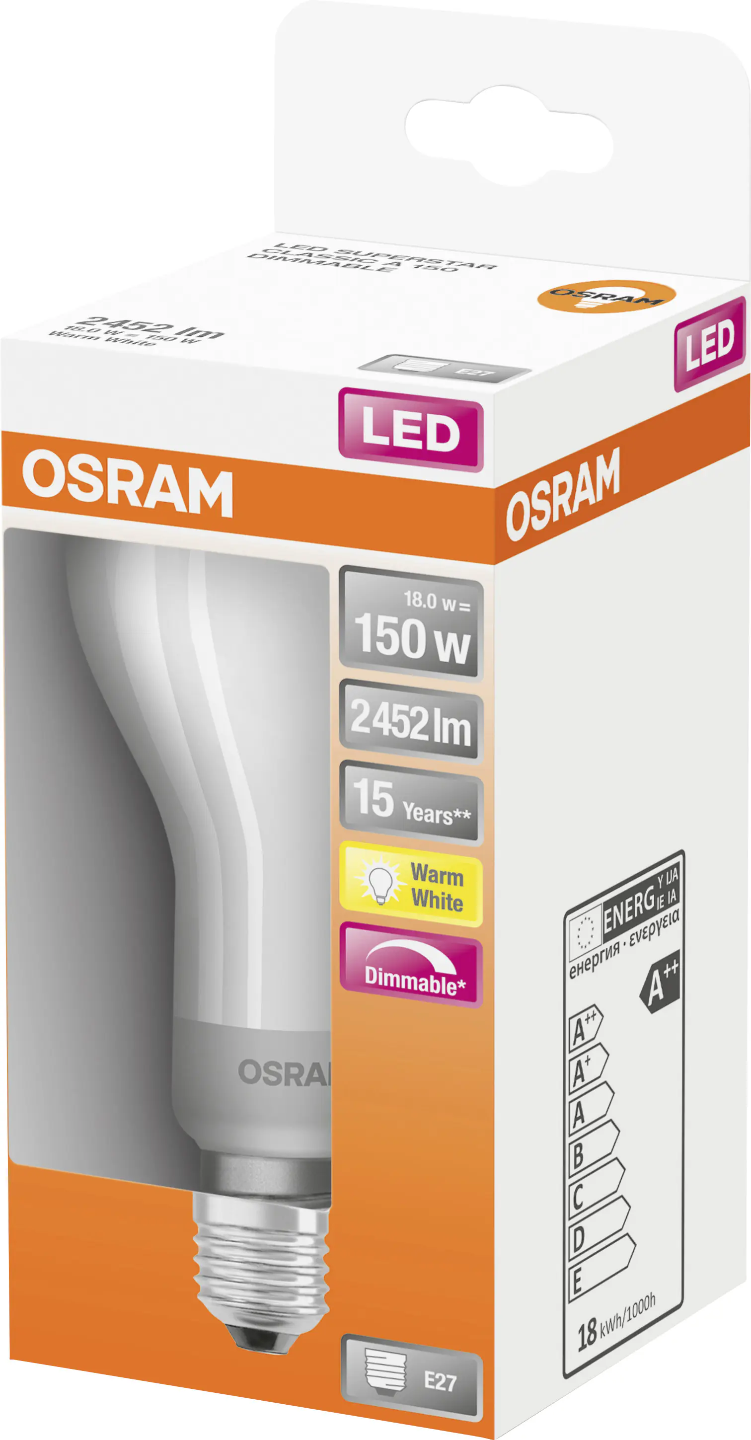 Osram LED Leuchtmittel Classic A150 E27 18W warmweiß, dimmbar, weiß matt
