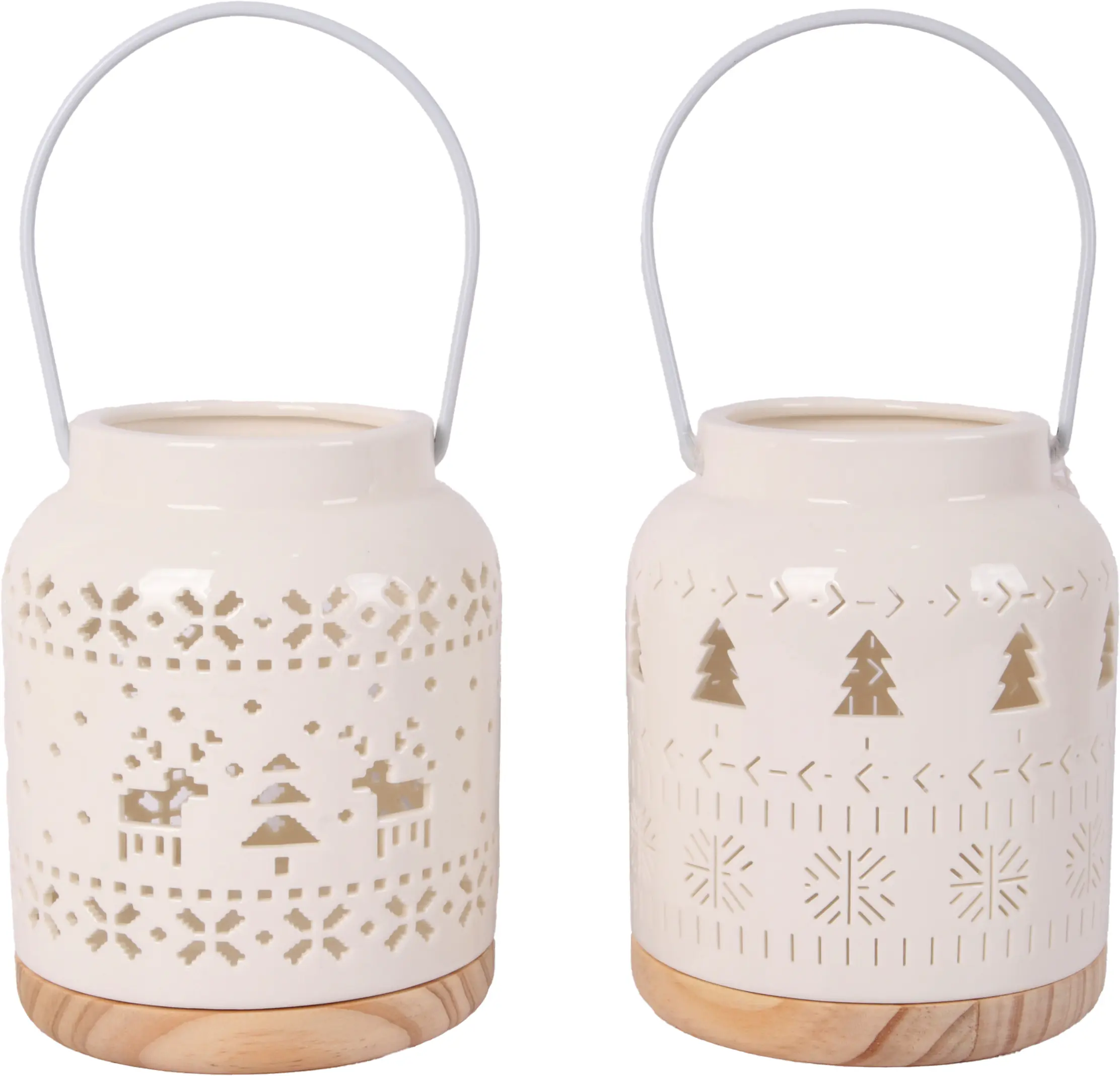 Windlicht Weihnachten mit Griff Keramik Ø 12 x 16 cm weiß 2-fach sortiert