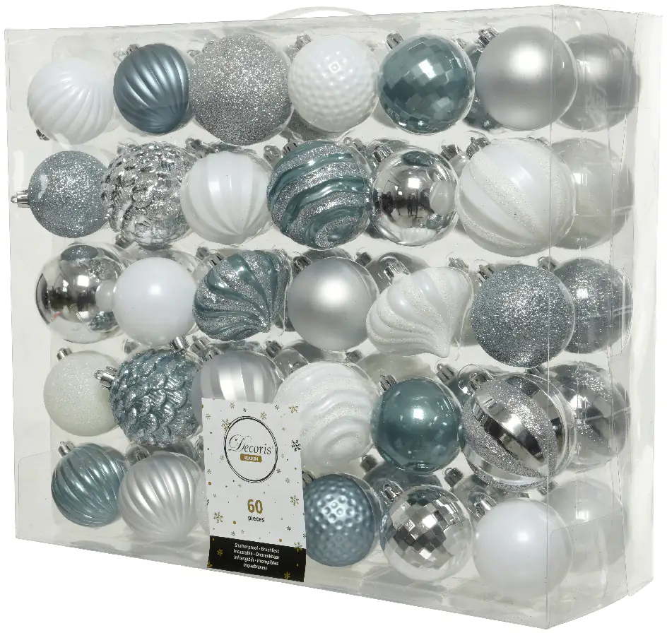 8720194477595 Kaemingk Weihnachtskugeln Ø 7 cm bruchfest, langlebig weiß, silber,blau - 60 Stück