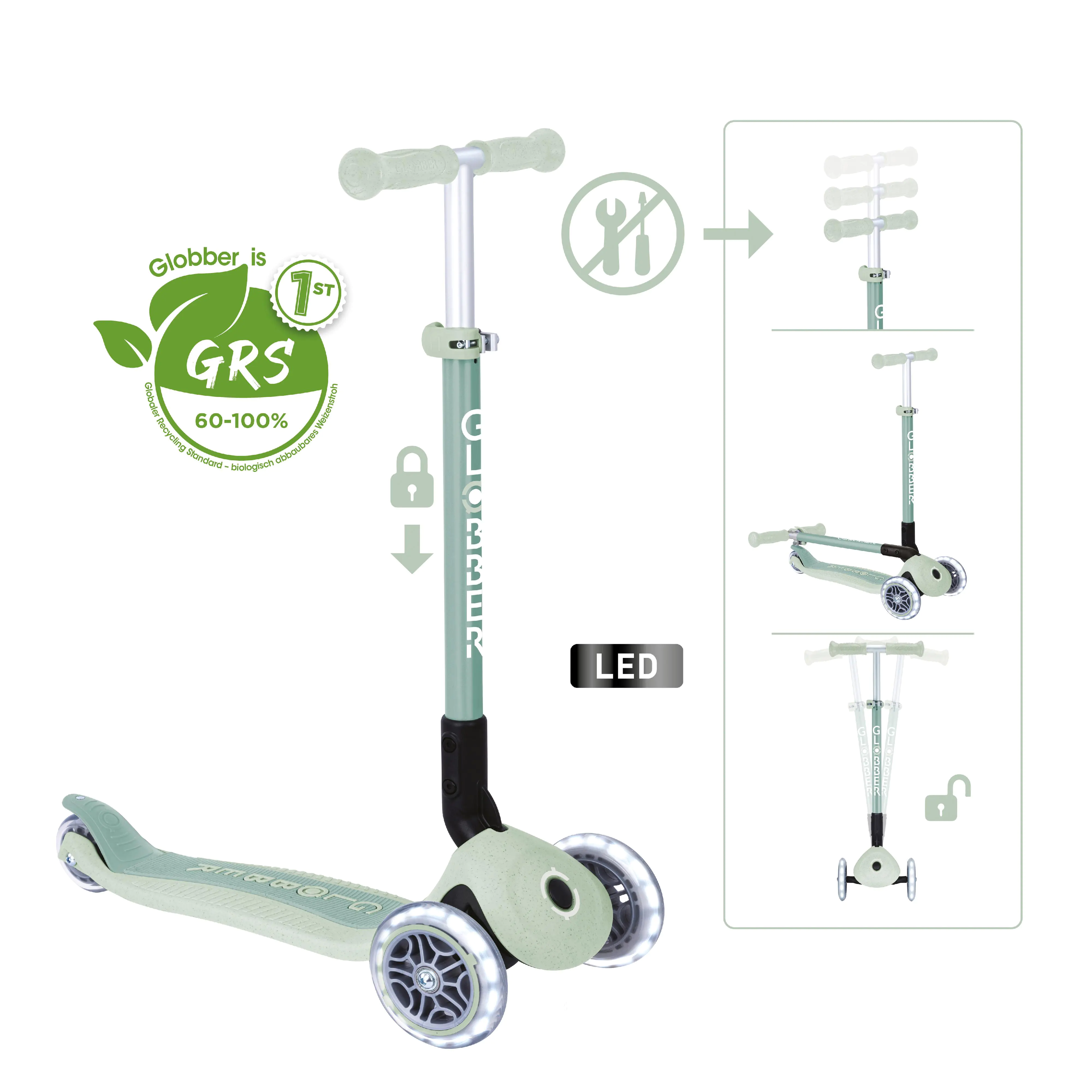 Globber Scooter Primo Foldable Lights Eco pistazie mit Leuchtrollen