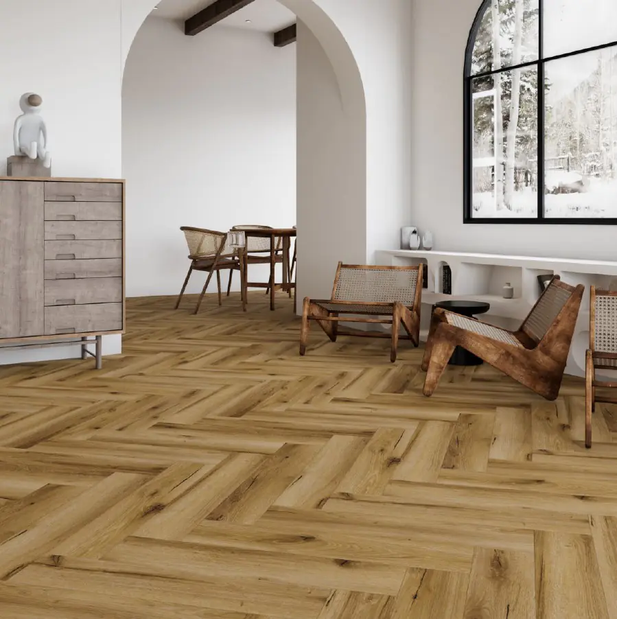 Decoflooring Fischgrät-Vinylboden mit Trittschalldämmung Eiche Arendal 