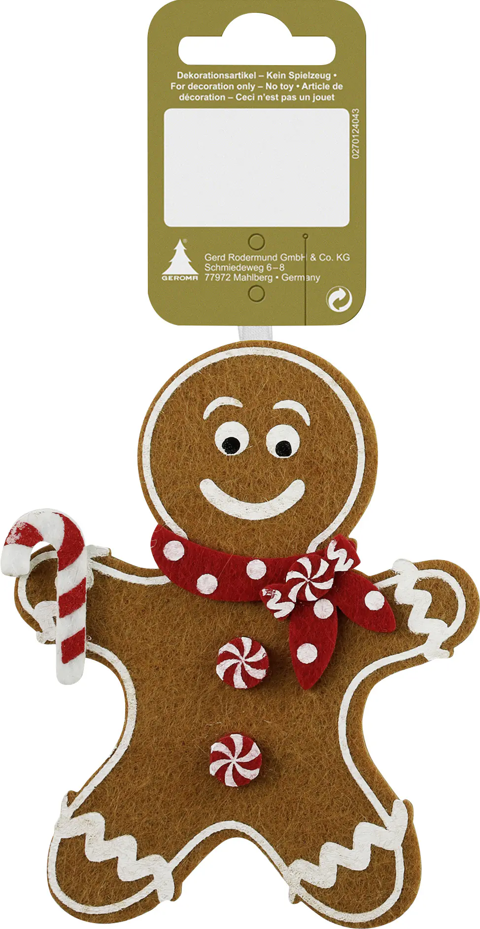 Dekoanhänger Lebkuchenmann Filz 12 cm braun-weiß-rot 