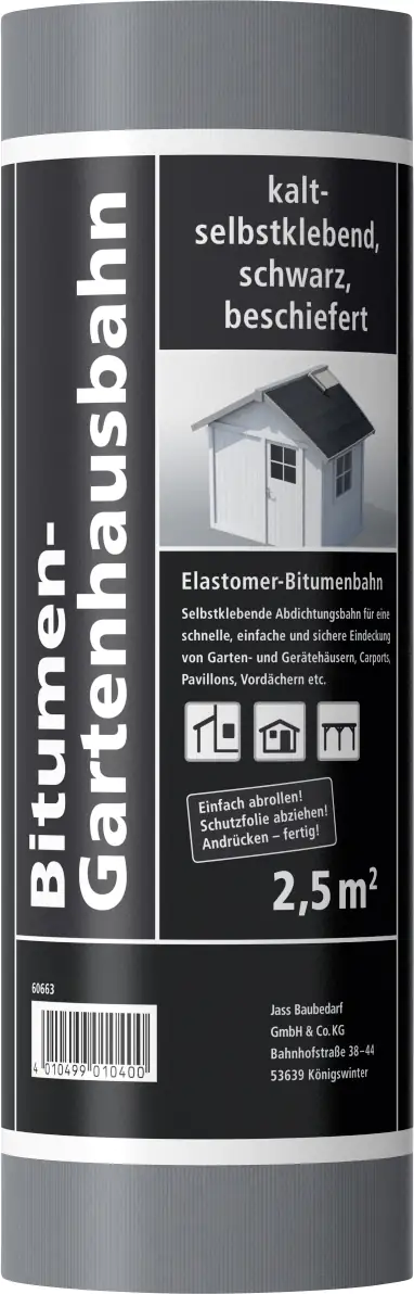Bitumen-Gartenhausbahn 5 x 0,5 m = 2,5 m² schwarz Bitumen-Gartenhausbahn 5 x 0,5 m = 2,5 m² schwarz