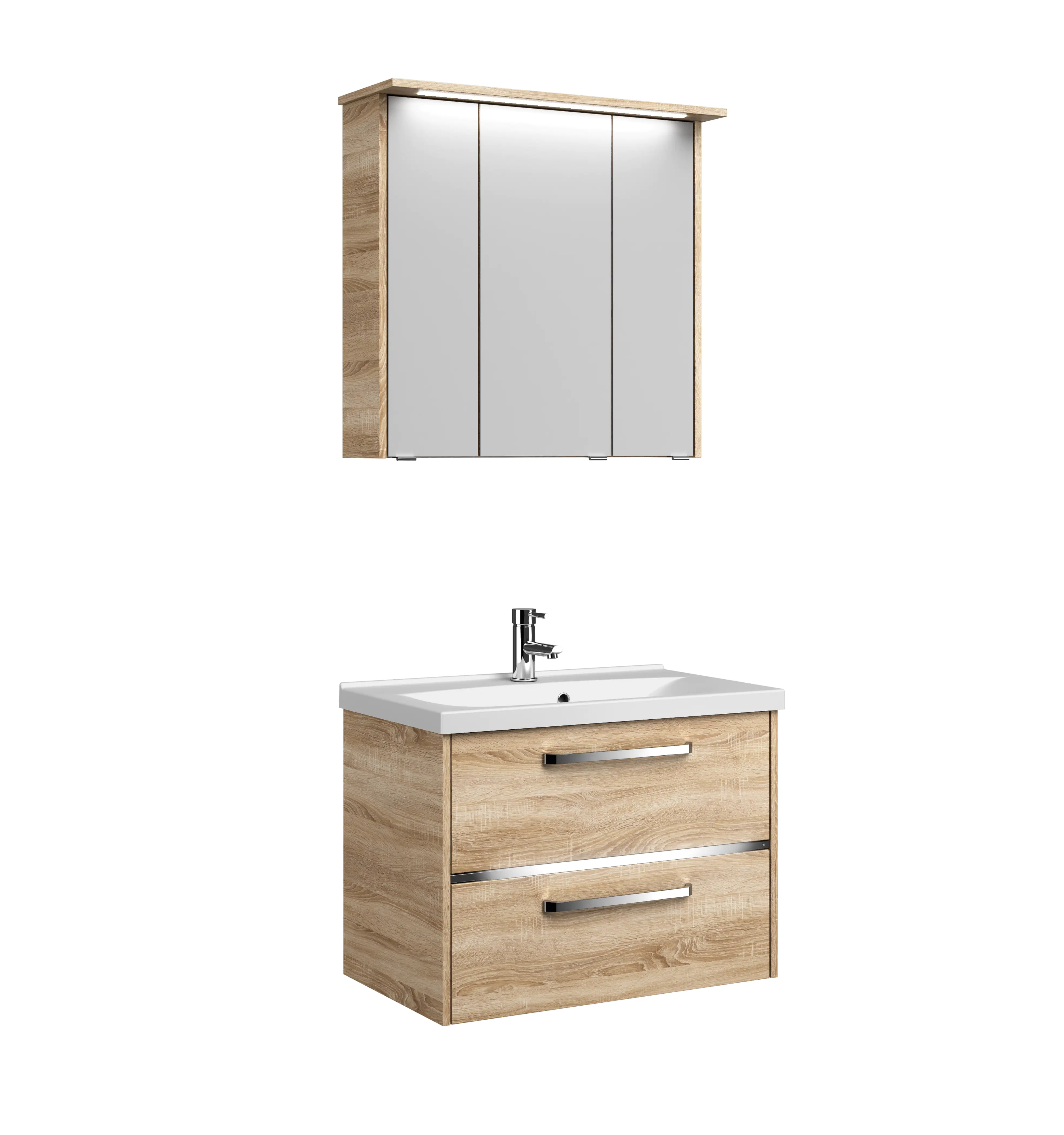 Primaster Badmöbelset Berlin eiche 77 cm Twin LED, Mineralgusswaschtisch