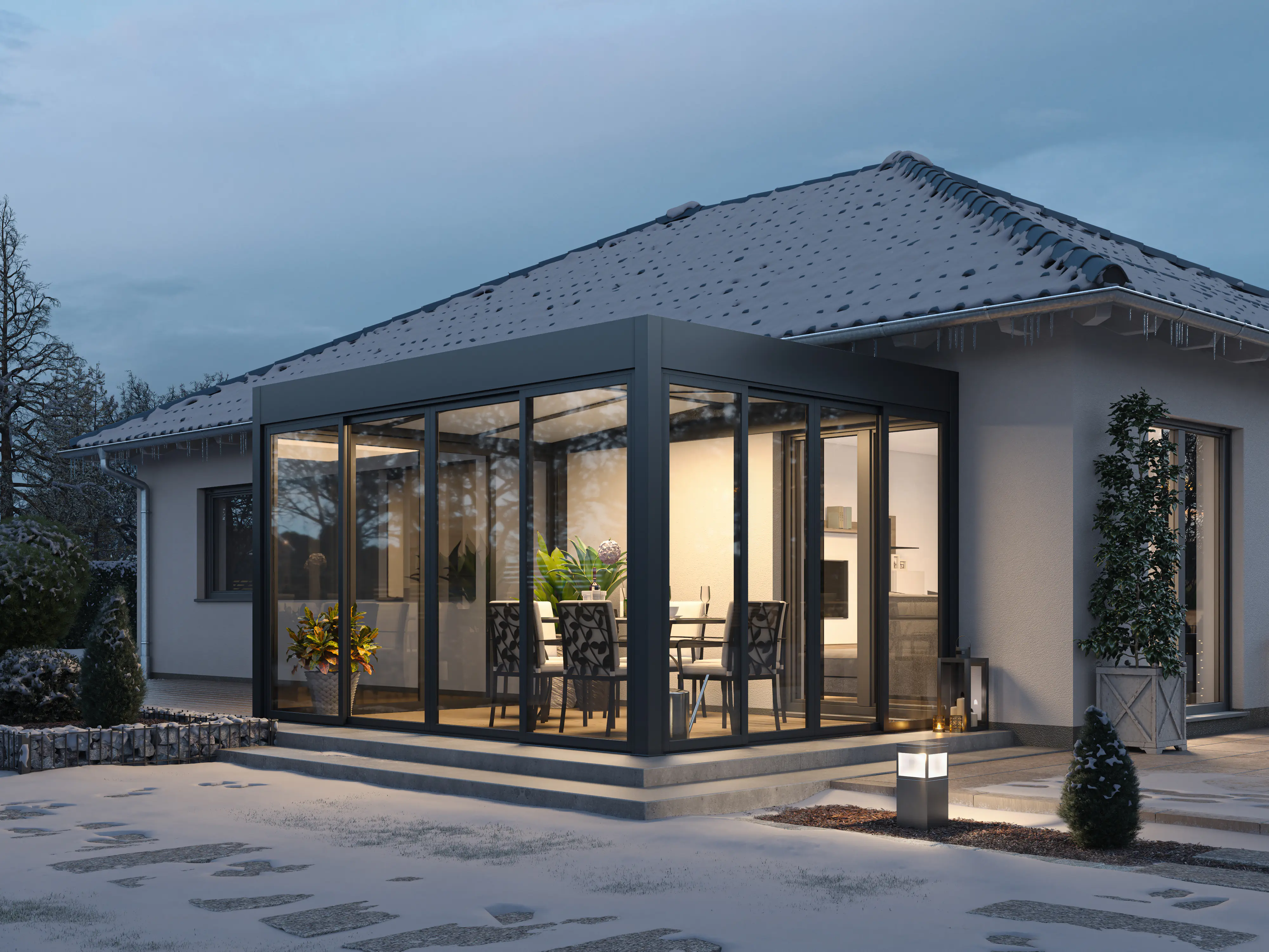 Wintergarten Modern 500 x 300 cm mit Glasschiebetüren grau