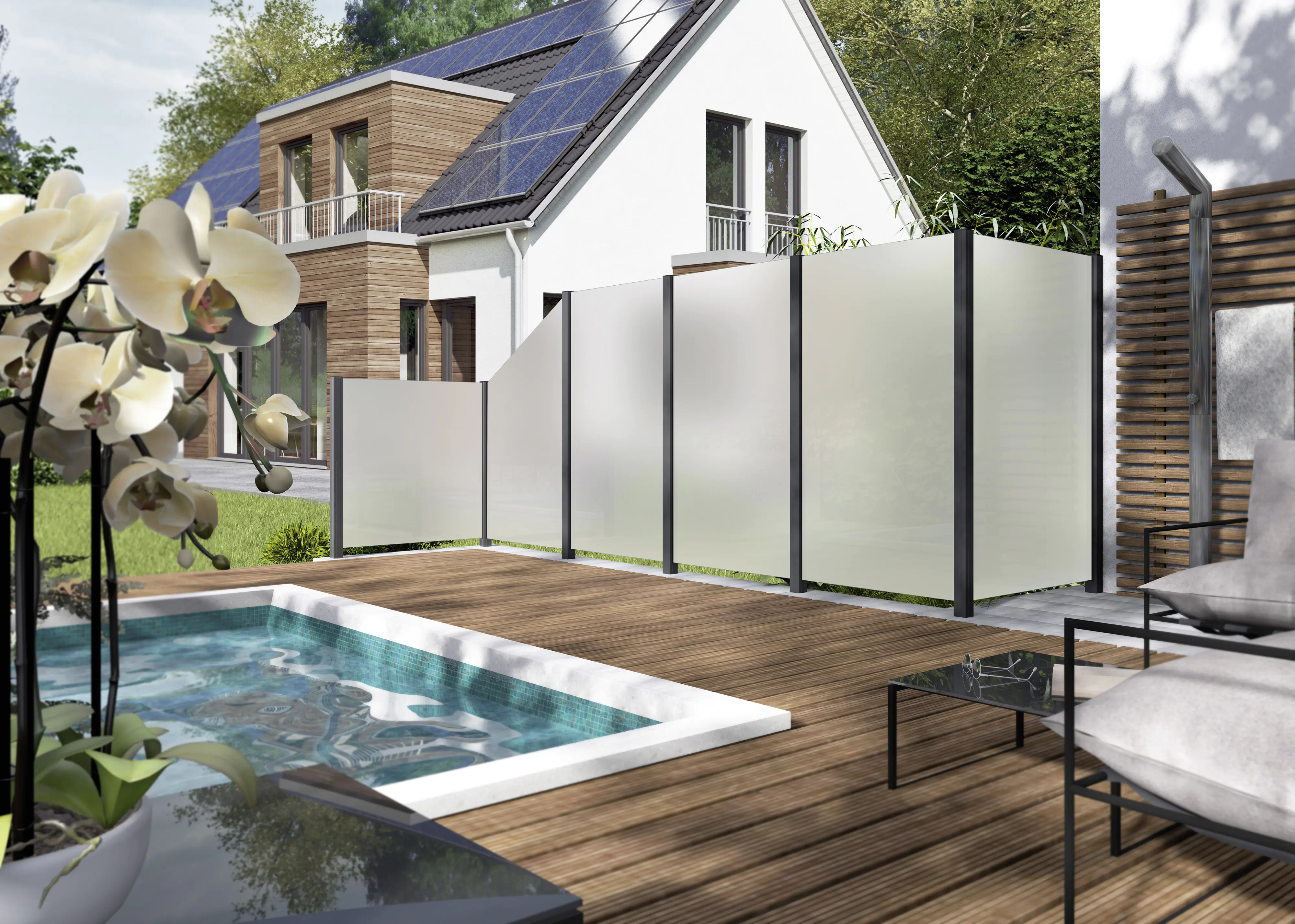 Ambiente Glas-Zaunelement Maßgefertigt, ESG 8 mm stark Ambiente Glas-Zaunelement Maßgefertigt, ESG 8 mm stark