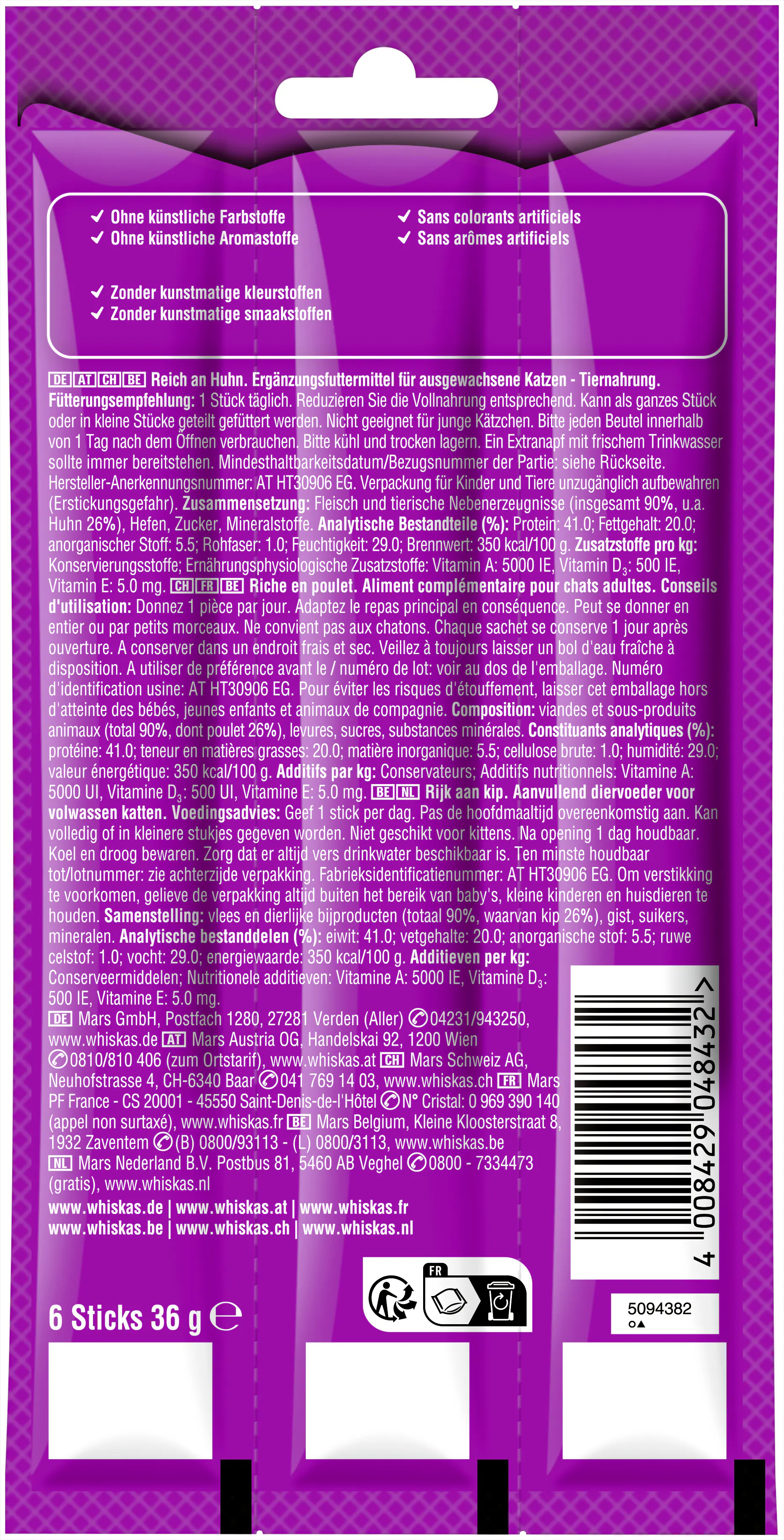 Whiskas Katzensnack Sticks Reich an Huhn 36 g / 6 Stück