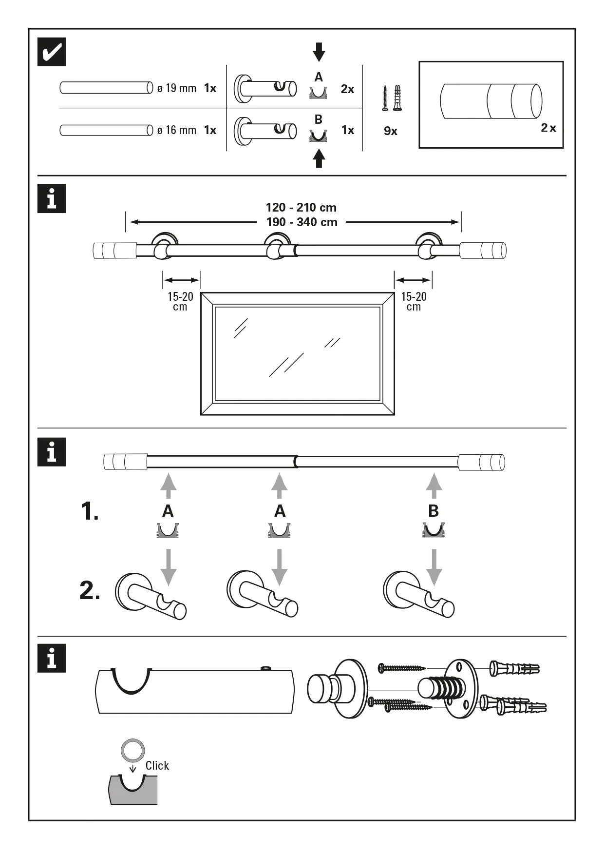 Gardinia Gardinenstangen-Set Kreta 1-Lauf Ø 16-19 mm schwarz-matt 190 cm - 340 cm