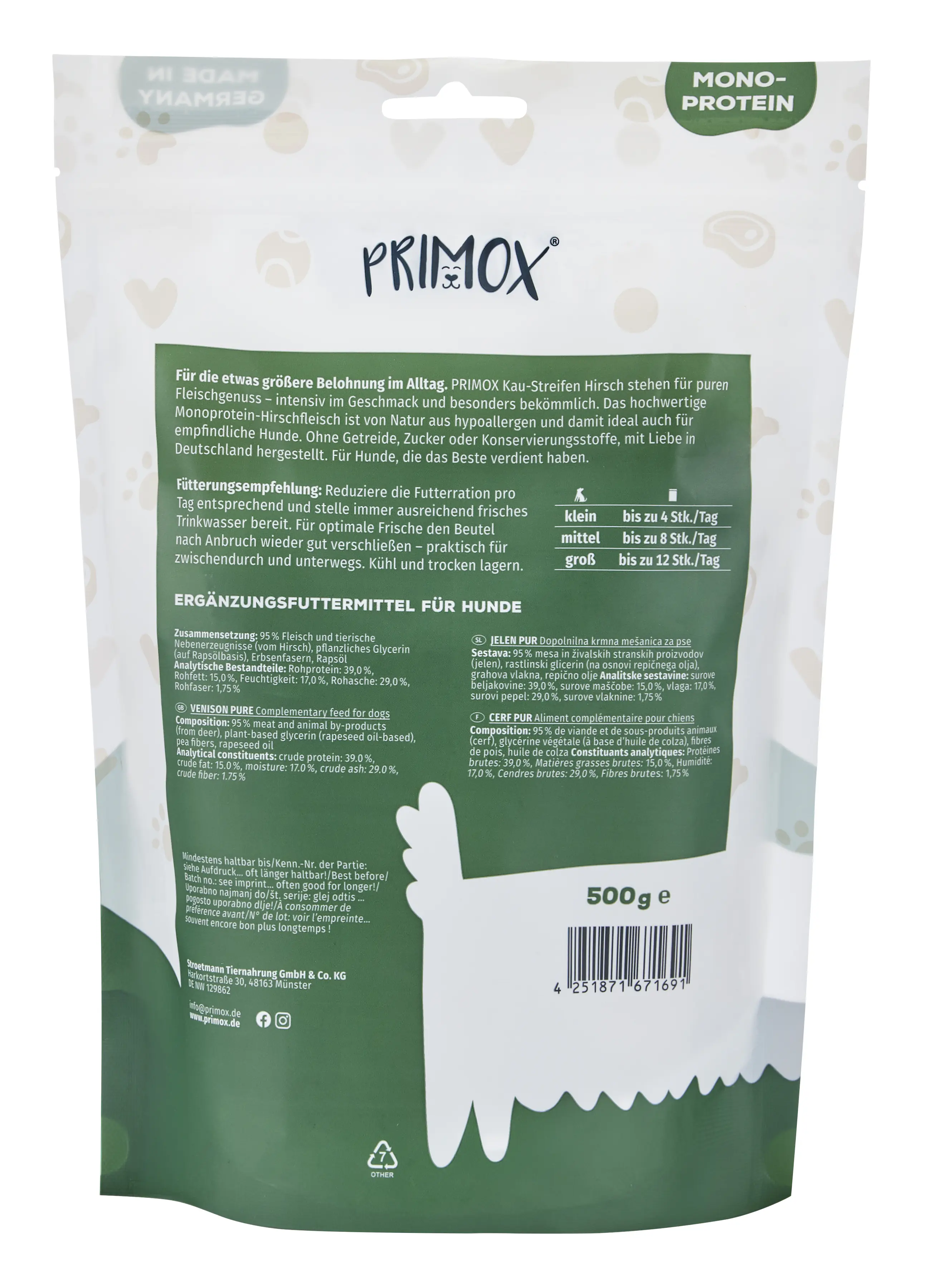 Primox Hundeleckerli Snack-Streifen getreidefrei 500 g Hirsch