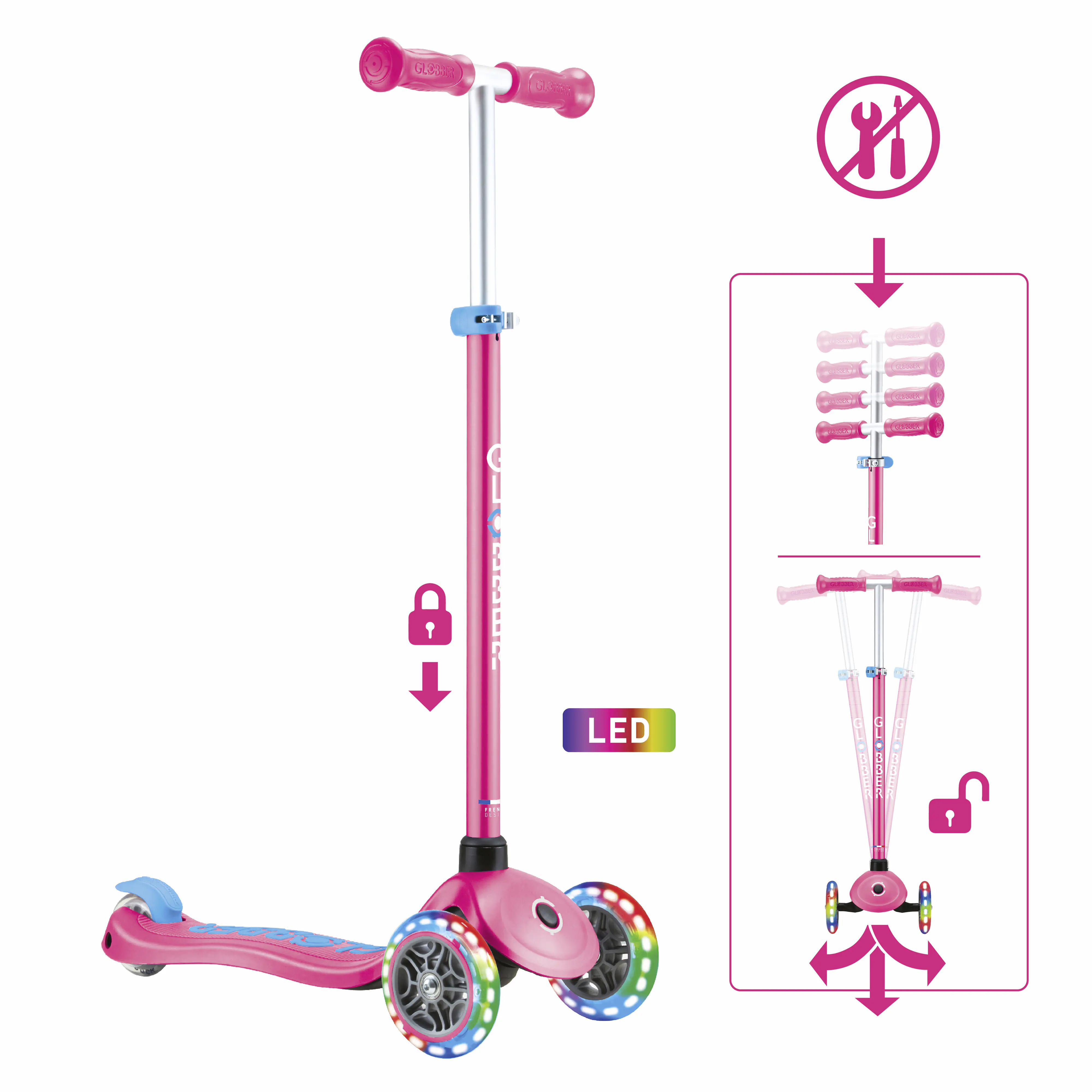 Globber Scooter für Kinder mit Leuchtrollen Primo Plus Lights fuchsia/pink