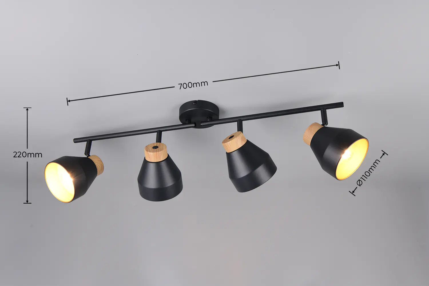 Trio LED-Deckenlampe 4er Spot Valentin 22 x 71,5 cm schwarz matt/natur