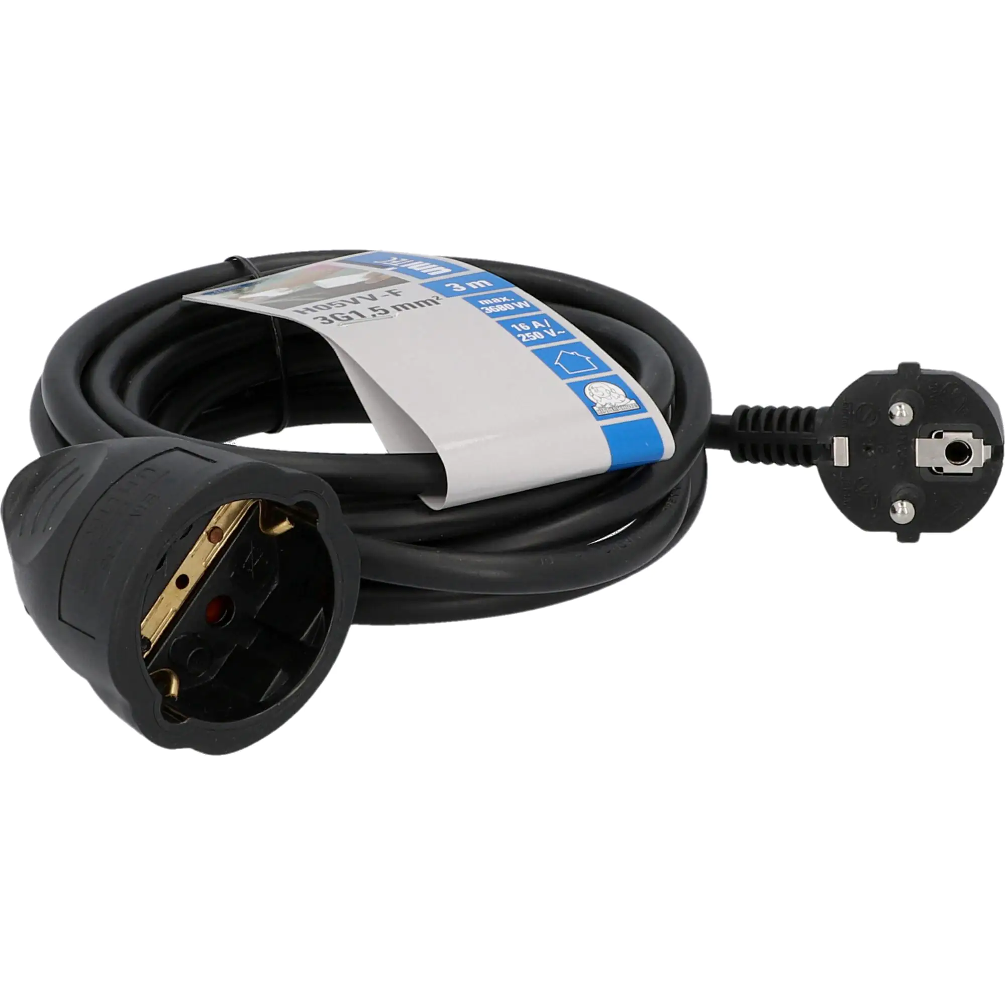 Unitec Verlängerungskabel Innen 3 Meter H05VV-F3G1,5, schwarz