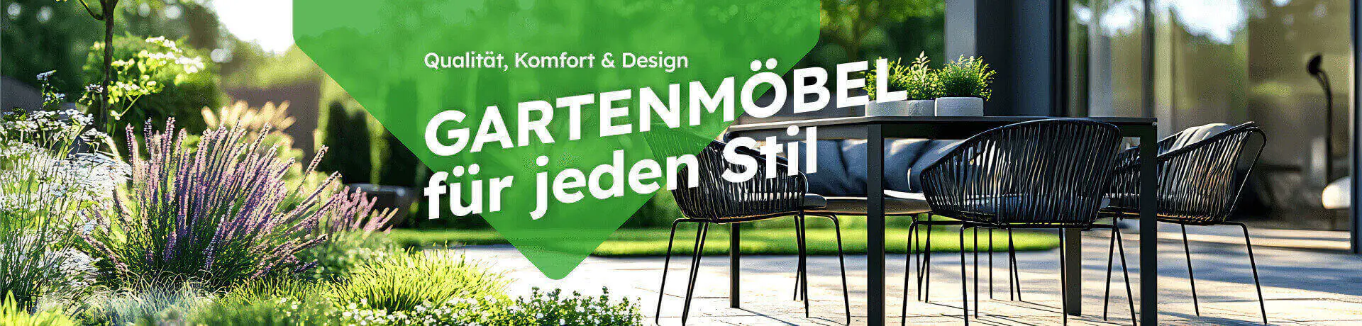 Gartenmöbel für jeden Stil mit dem Text Qualität Komfort und Design moderne Sitzgruppe auf einer sonnigen Terrasse im Garten