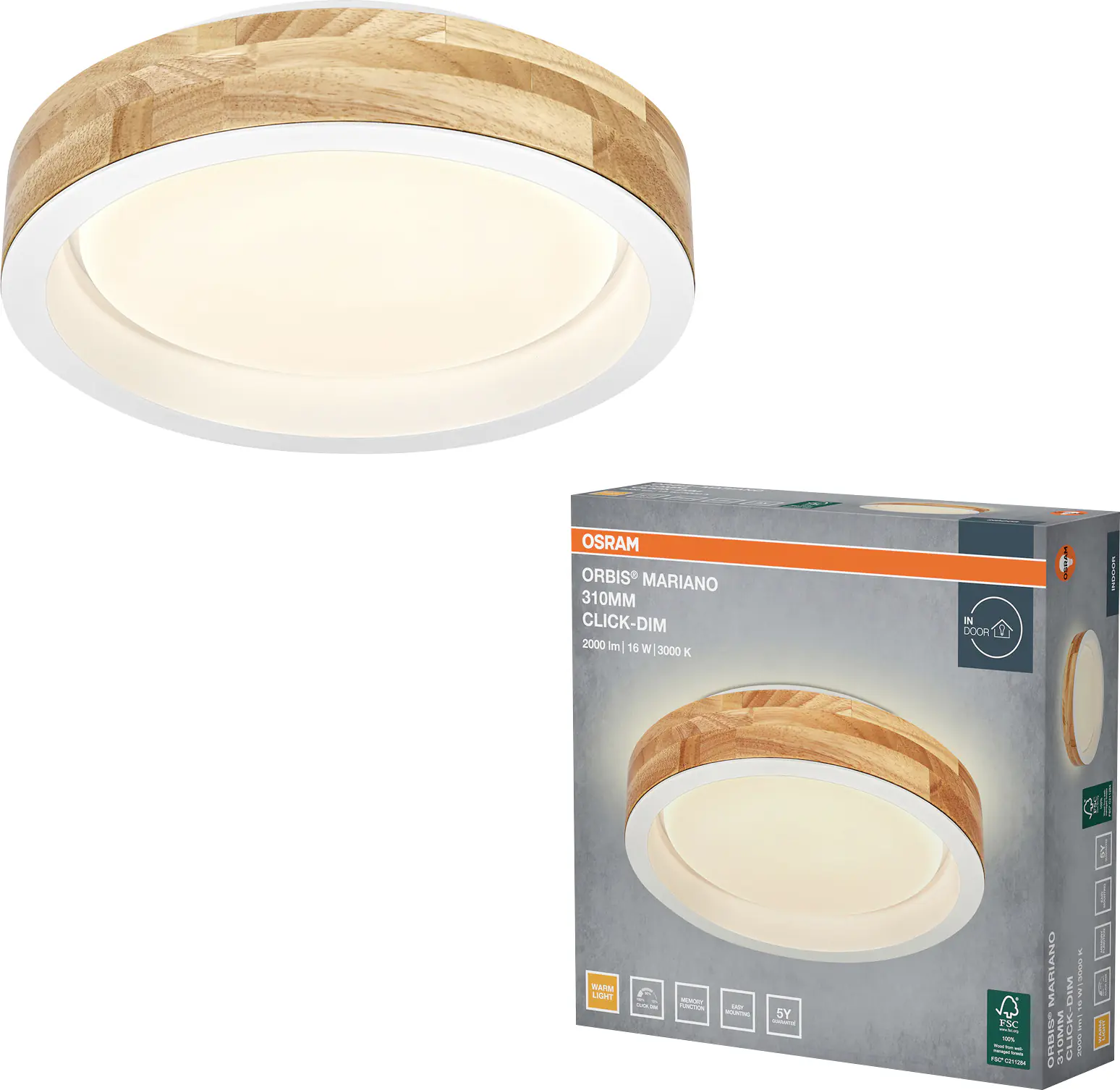 Osram LED-Deckenleuchte Orbis Mariano Ø31 cm 16 W Holzdekor weiß dimmbar