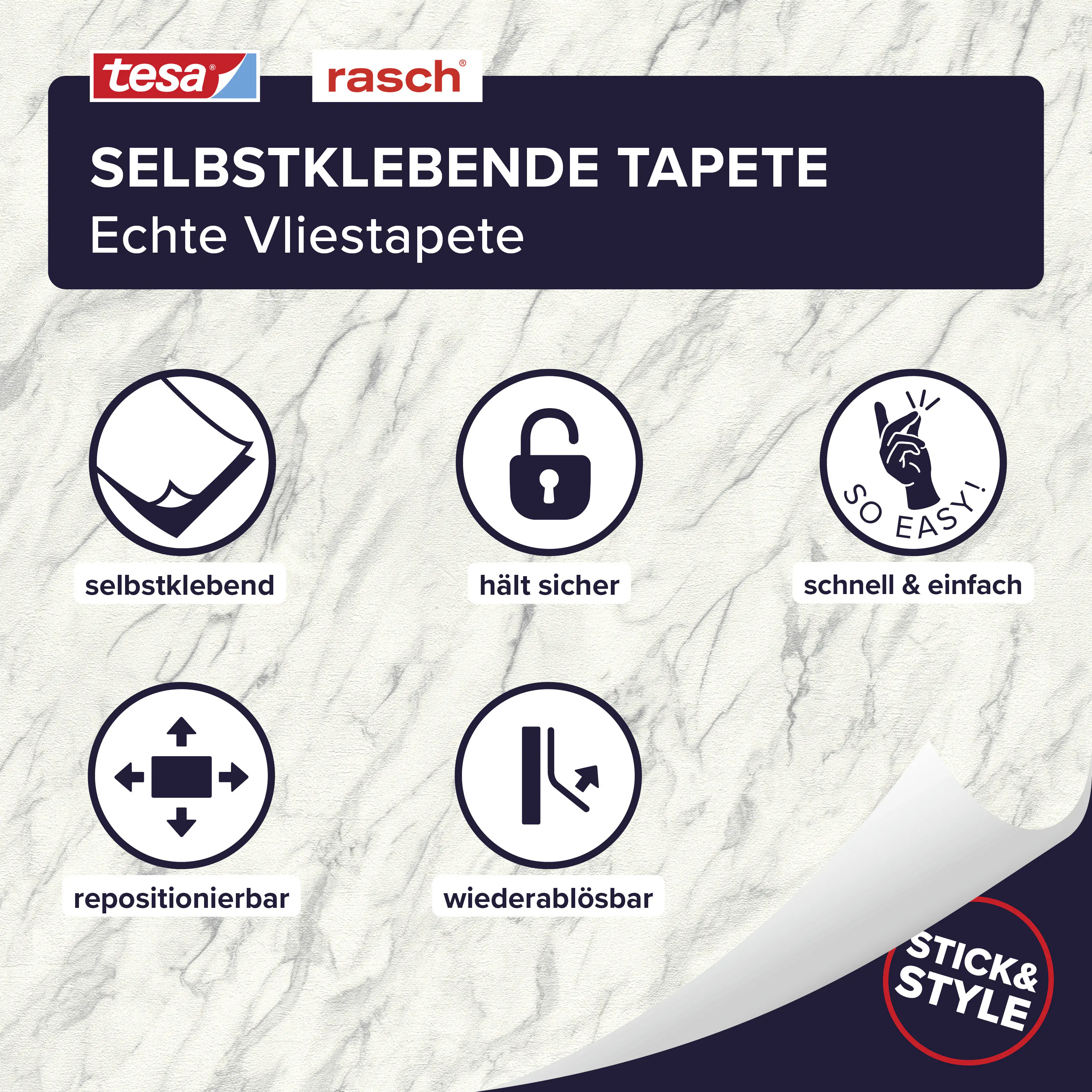 Tesa x Rasch selbstklebende Tapete Carrara Marmor steingrau beige 6 x 0,53 m 