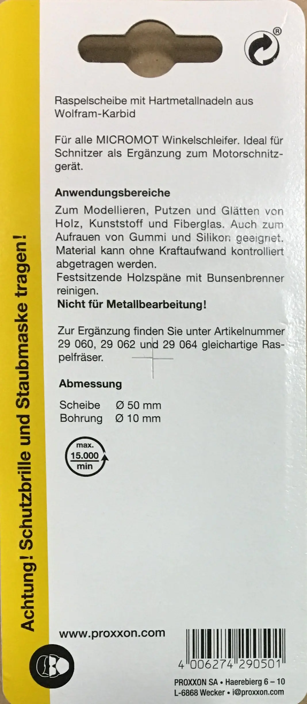 Proxxon Micromot Raspelscheibe mit Metallnadeln aus Wolfram-Carbid 50 mm