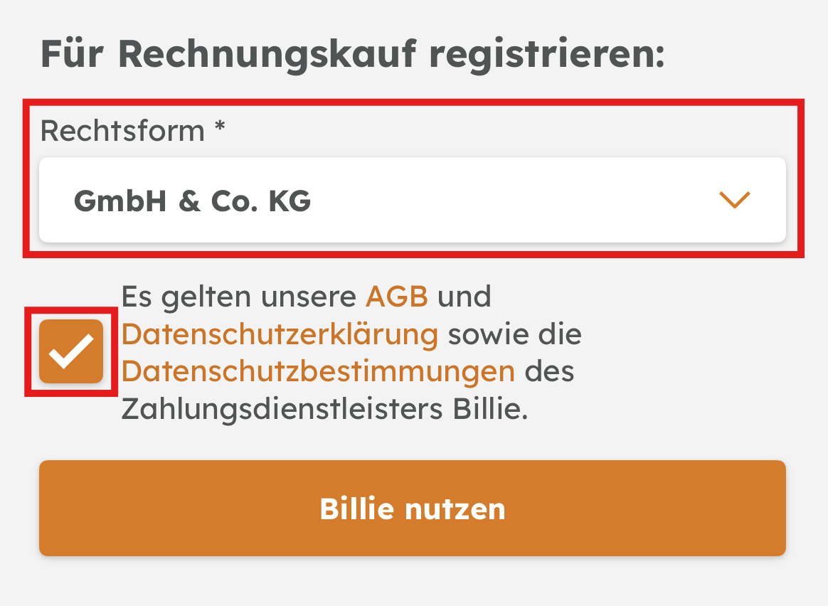 Registrierung für Rechnungskauf: Rot markiert sind Rechtsform „GmbH & Co. KG“ und Zustimmung zu AGB sowie Datenschutz; Button „Billie nutzen“.