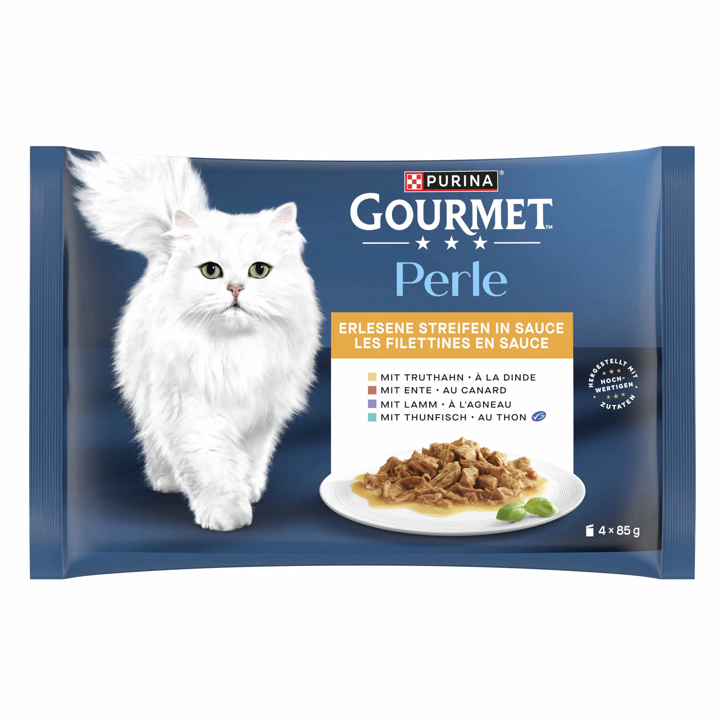 Gourmet Perle Erlesene Streifen mit Truthahn Thunfisch Ente Lamm 4x 85g