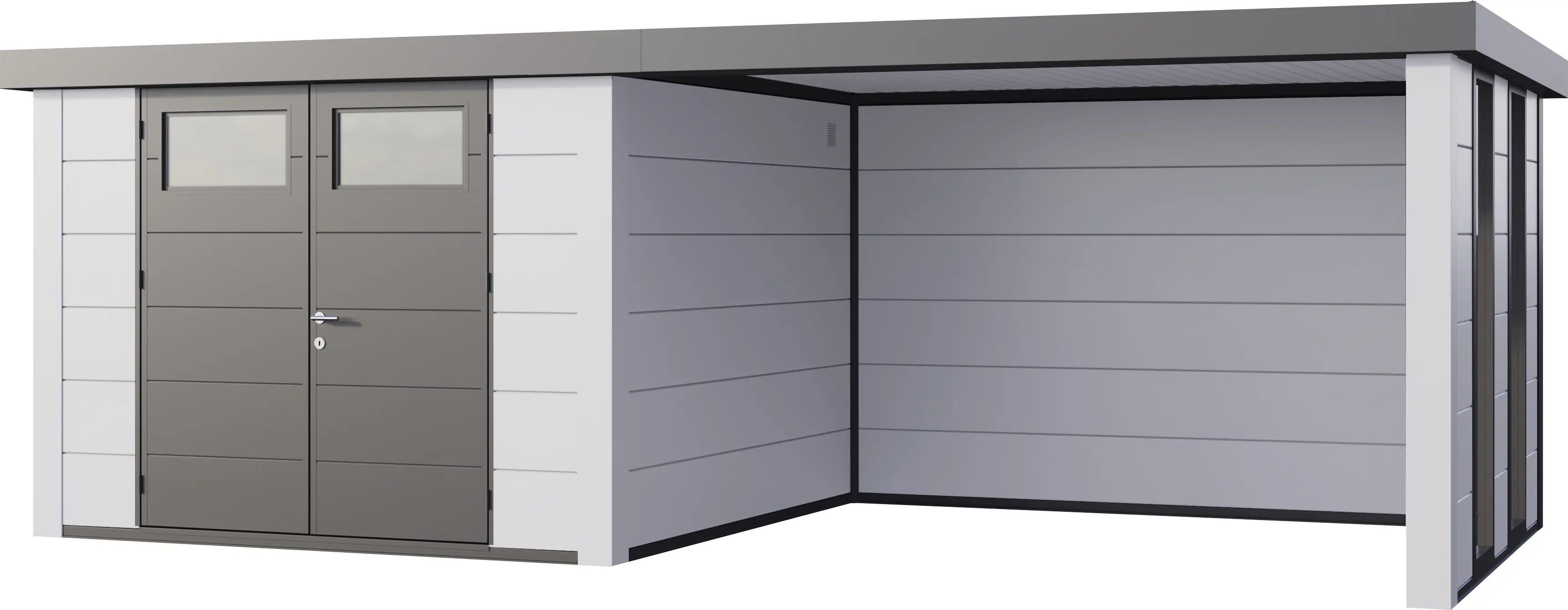 Telluria Gerätehaus Classico Lounge L mit Fenstern 3030 rechts EW weiß 642 x 298 cm