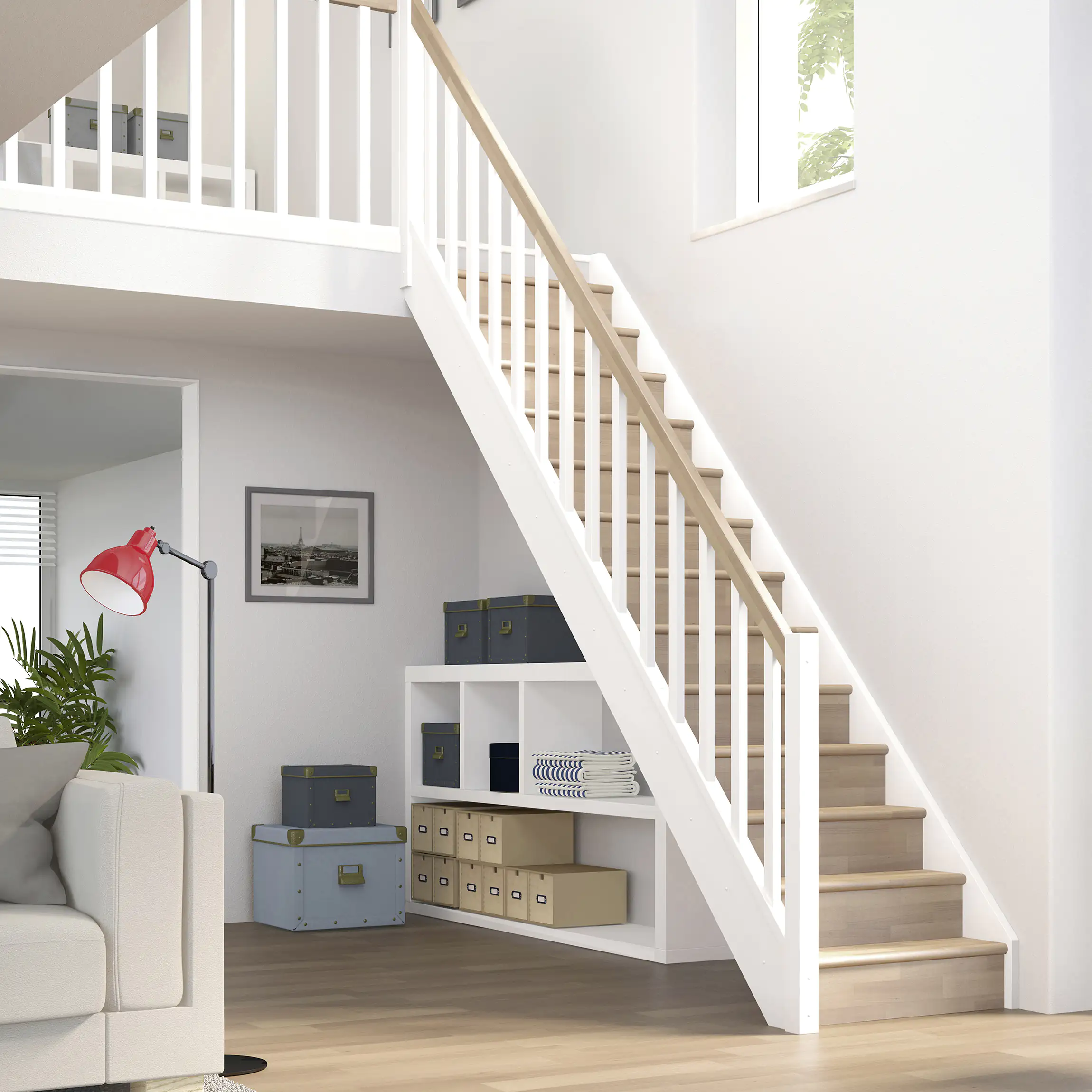 Dolle Raumspartreppen Paris gerade Buche weiß inkl. Geländer