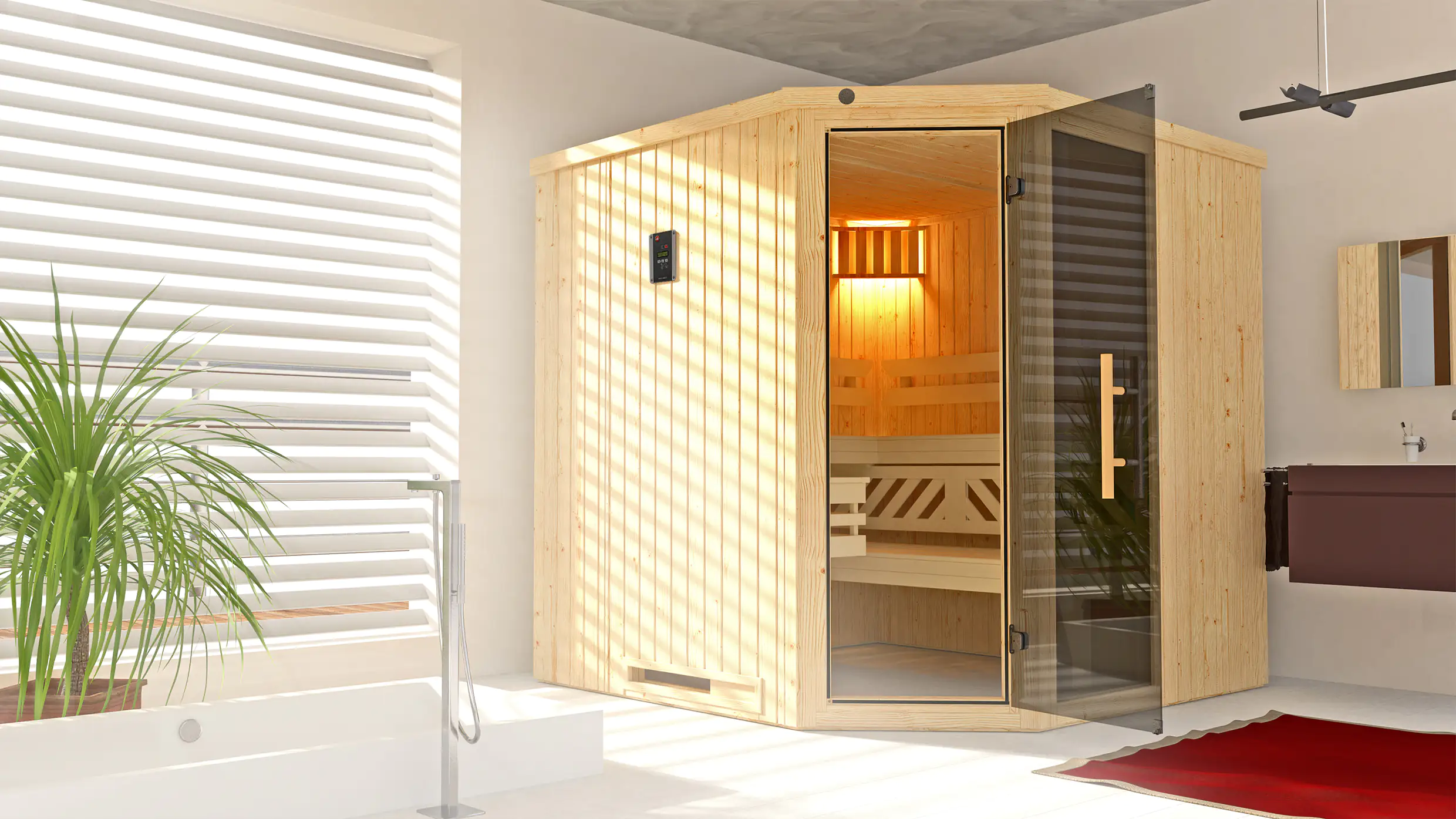 4004581440381 Weka Element-Ecksauna Varberg 3 mit Glastür und Fenster