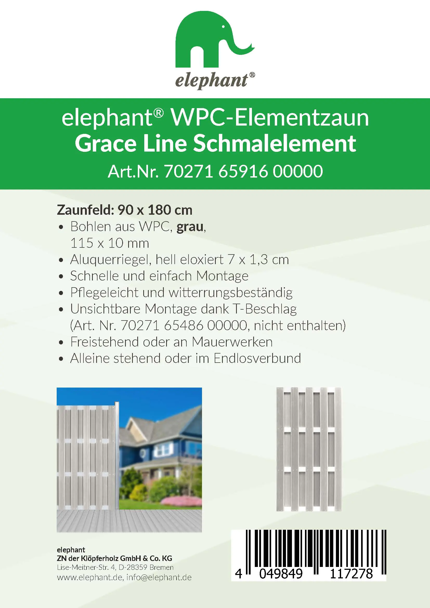 elephant WPC-Sichtschutzzaun Grace Line Schmalelement grau 90 x 180 cm 