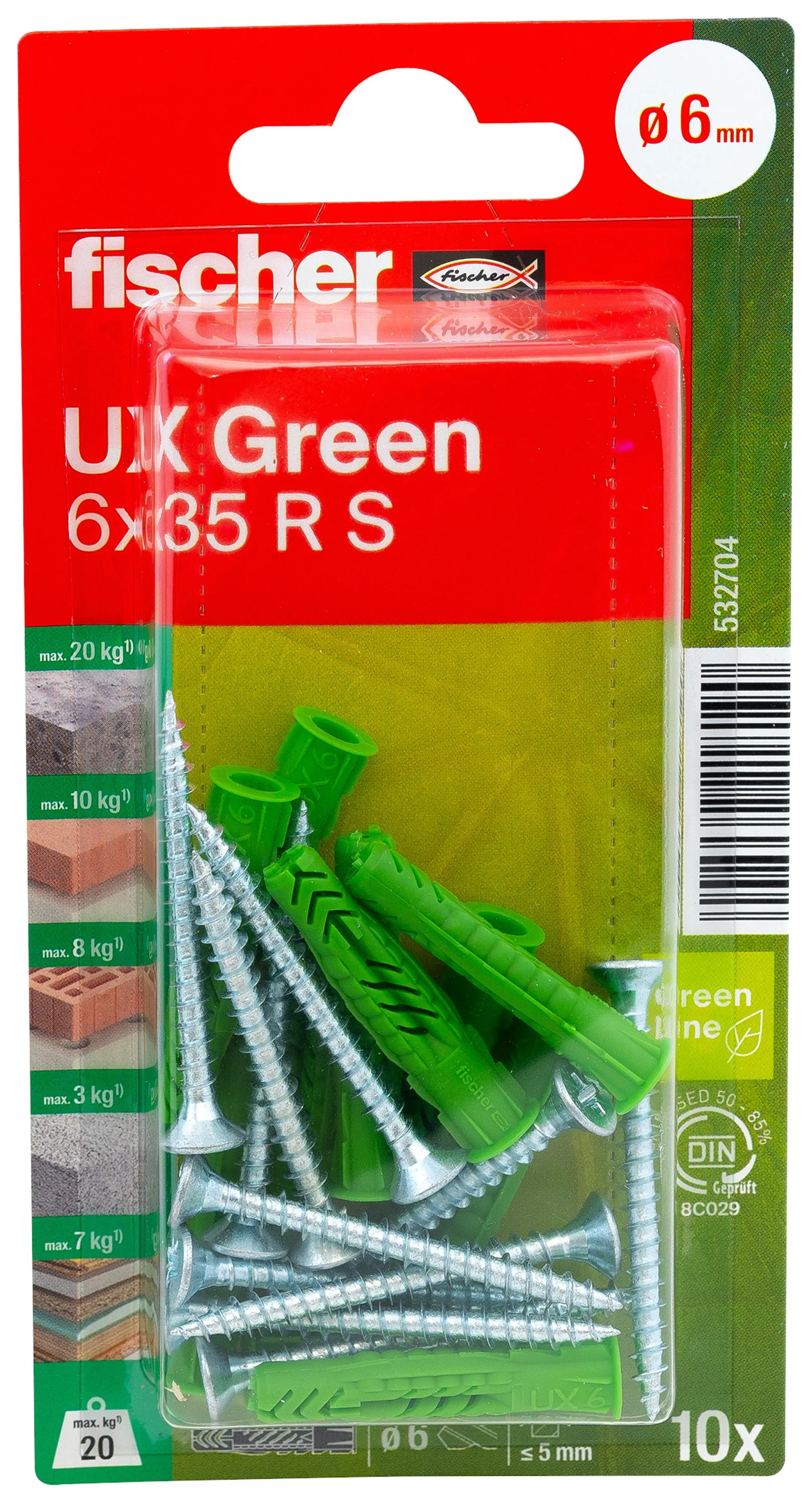 Fischer Universaldübel UX Green R S 6 x 35 mm mit Rand & Schraube - 10 Stück