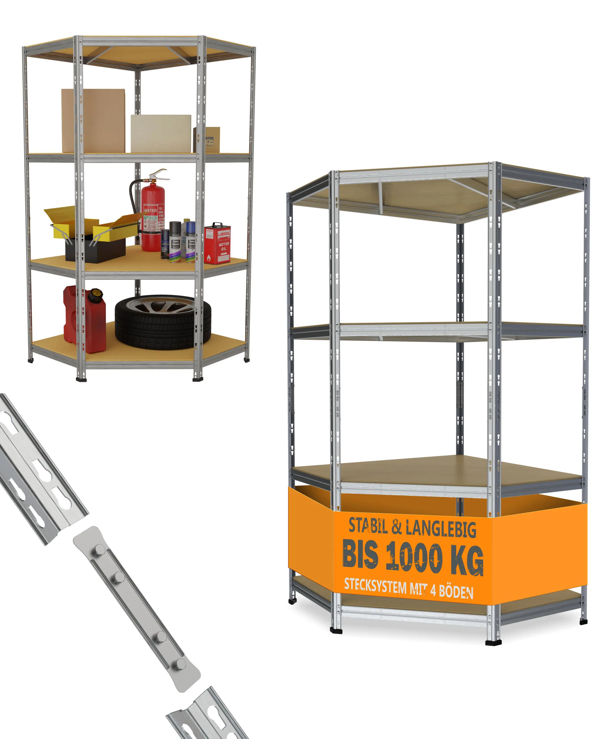Werkstattregal eckig Stahl Rivet 180 x 90 cm 4 Holzböden 1000 kg