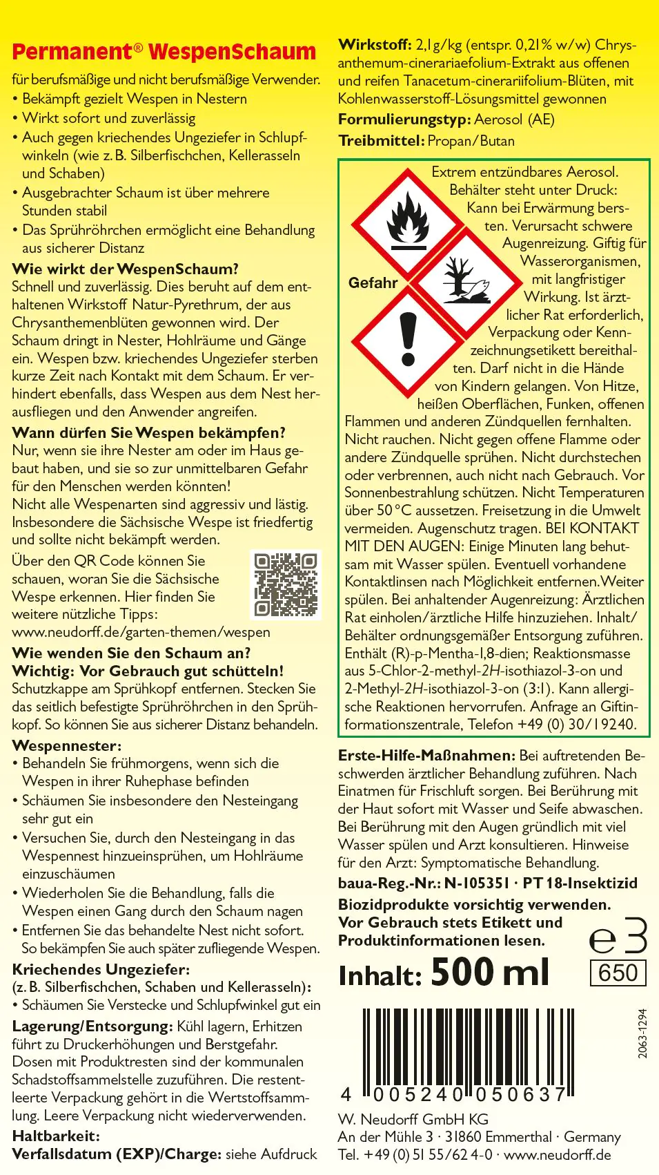 Neudorff Permanent Wespenschaum 500 ml