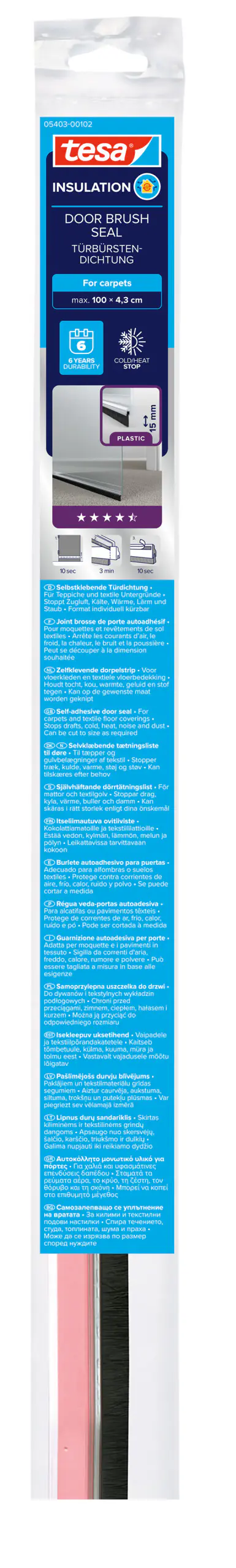 tesa Moll Türdichtschiene Standard weiß, für Textilböden, für Spalten bis 15 mm