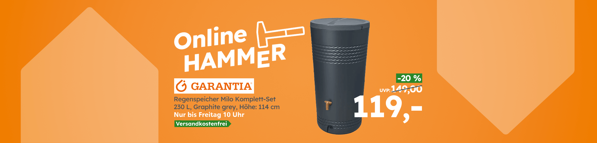Online Hammer Angebot: Garantia Regenspeicher Milo Komplett Set 230 l, Graphite grey, Höhe 114 cm, jetzt 119 Euro, 20 Prozent reduziert.