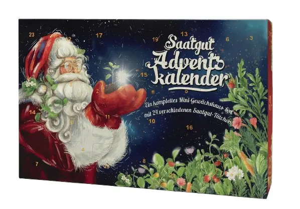Saatgut Adventskalender Weihnachtsmann mit komplettem Mini Gewächshaus Set