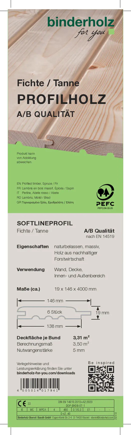 Profilholz Fichte Tanne B-Sortierung Softlineprofil 400 x 14,6 cm 19 mm