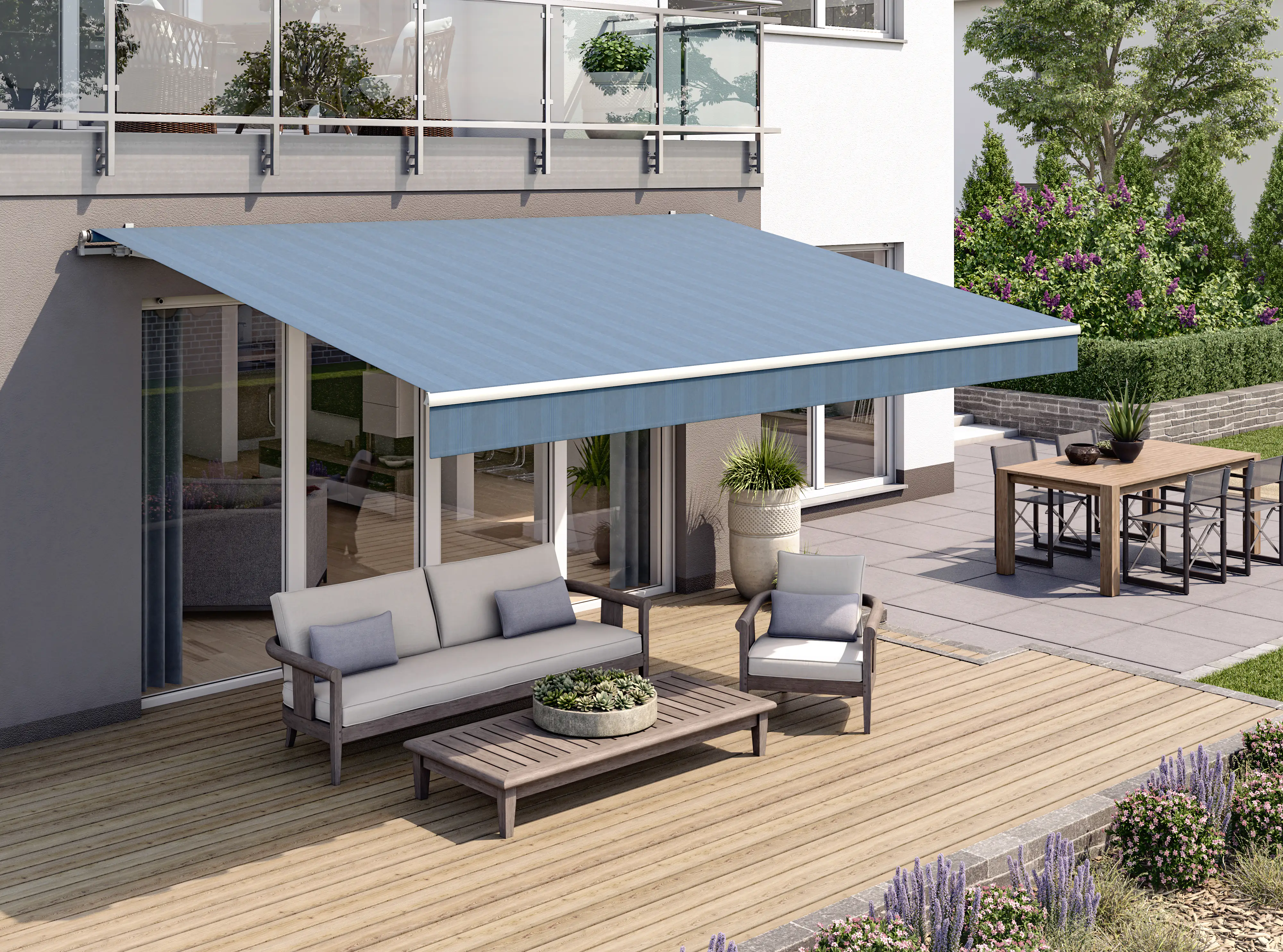 Gelenkarmmarkise Classic blau-schwarz gestreift inkl. Motor, Handsender, Solar Panel