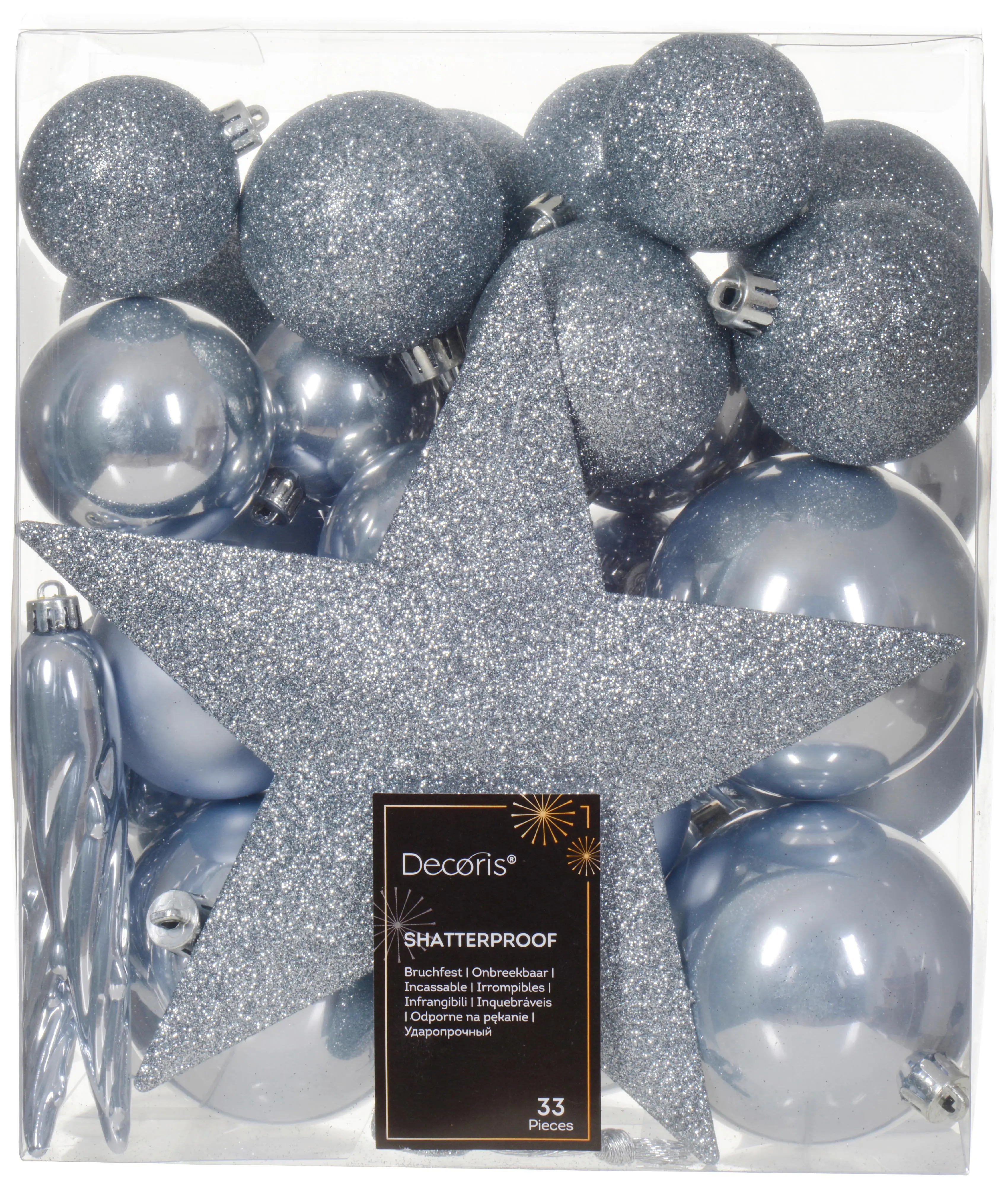 Kaemingk Weihnachtskugeln bruchfest, langlebig, hellblau 33 Kugeln + Stern