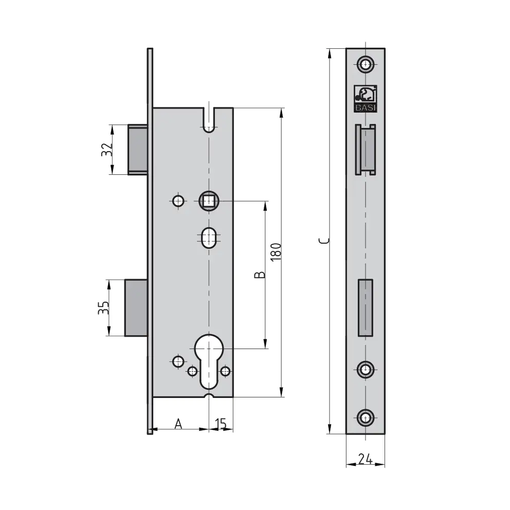Basi Rohrrahmenschloss Dornmaß 35 mm PZ, DIN links/rechts, 24 mm