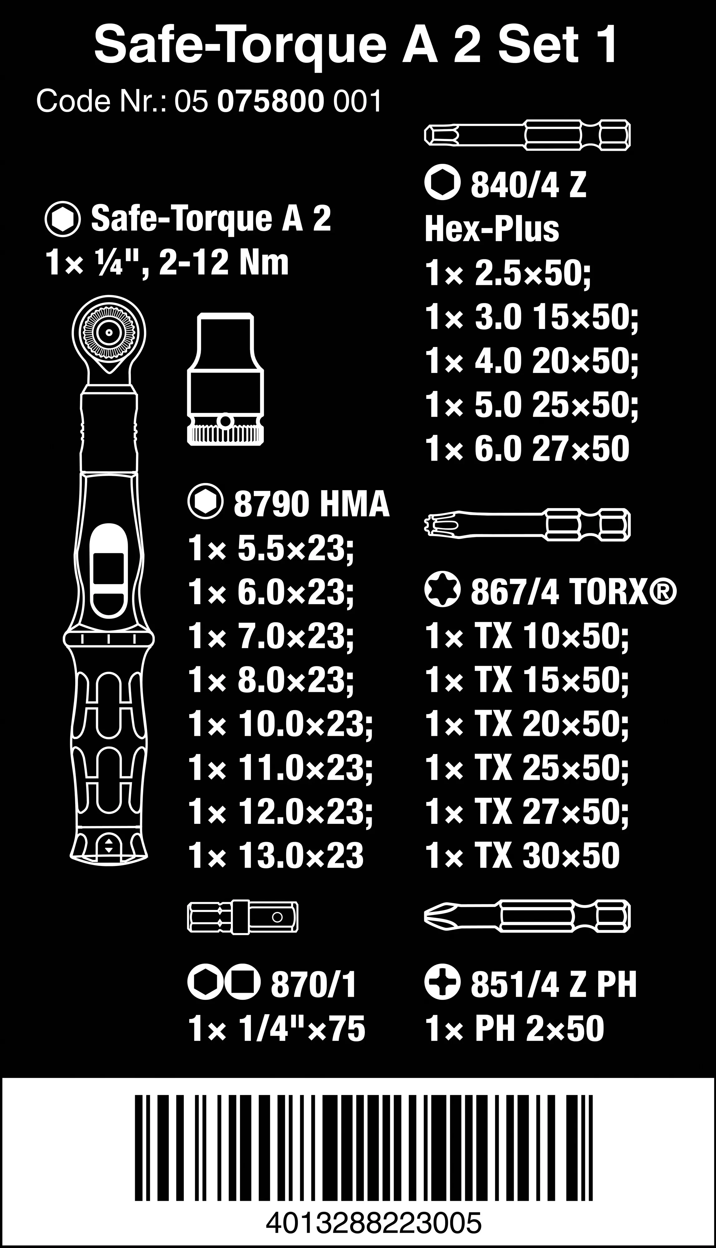 Wera Drehmoment-Satz Safe-Torque A 2 Set 1 1/4" Sechskant 2-12 Nm 23-teilig