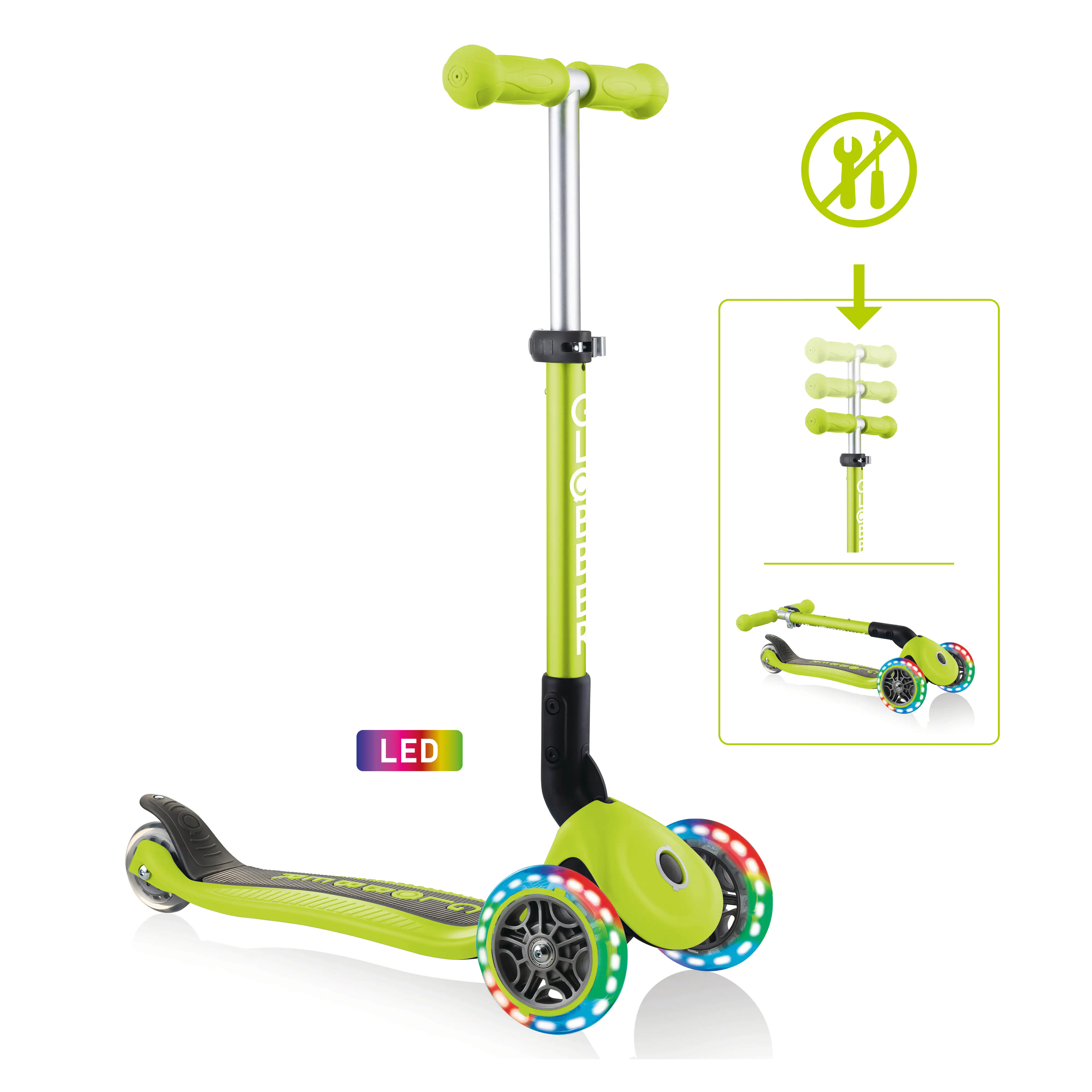 Globber Scooter Junior Foldable Lights limegrün mit Leuchtrollen