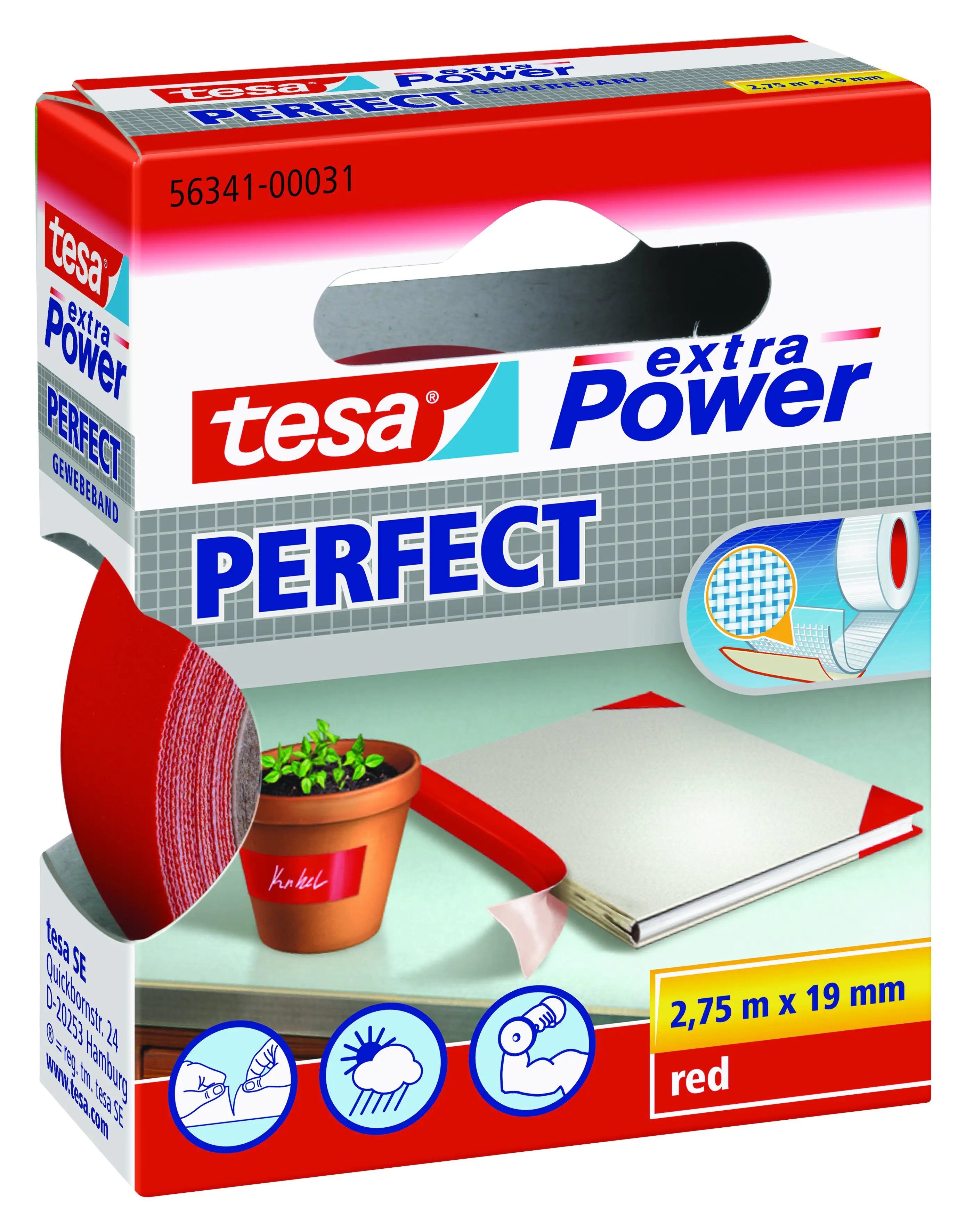tesa extra Power Gewebeband Perfect 2,75 m x 19 mm, rot