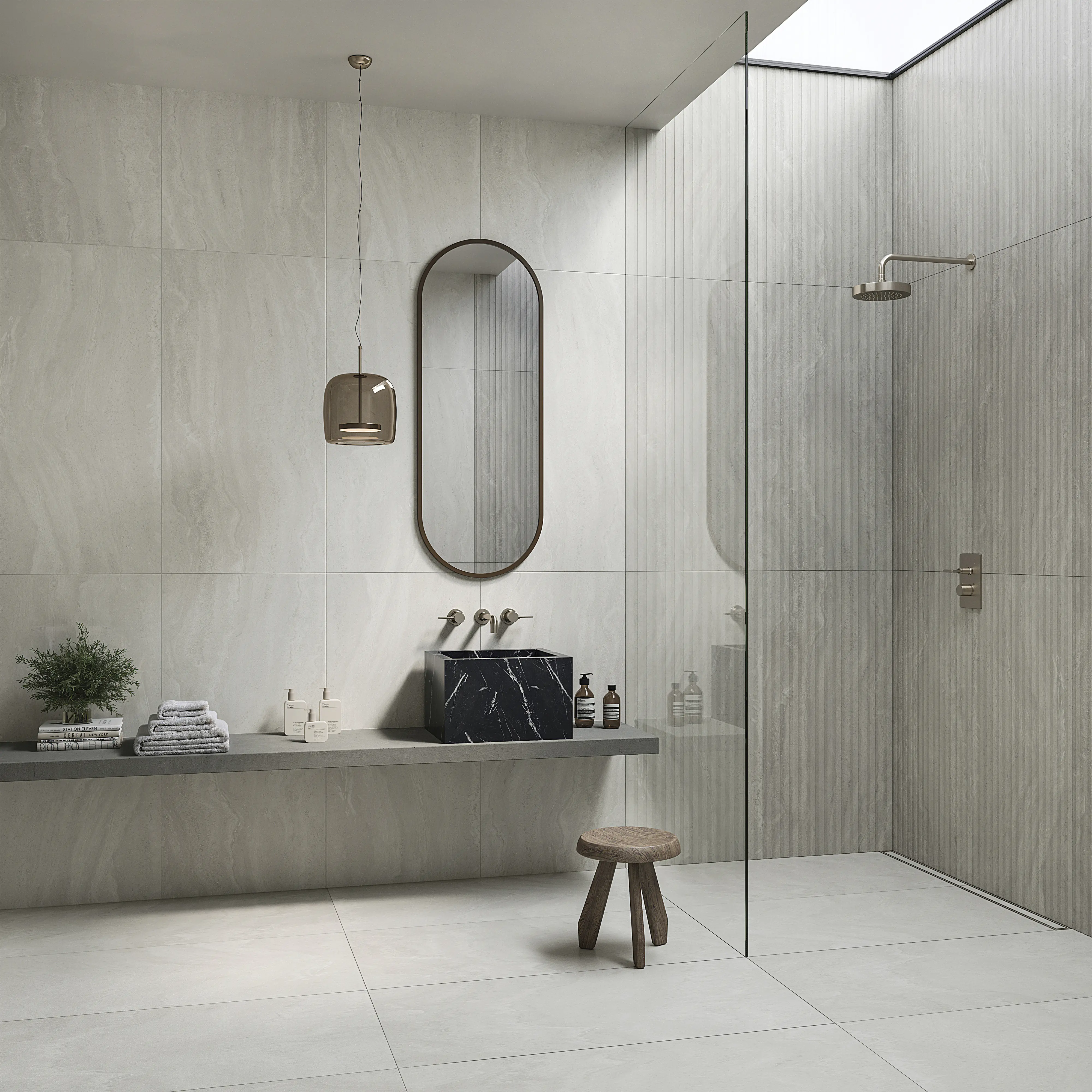 Bodenfliese Feinsteinzeug Travertino Decoro 60 x 120 cm grau/weiß 