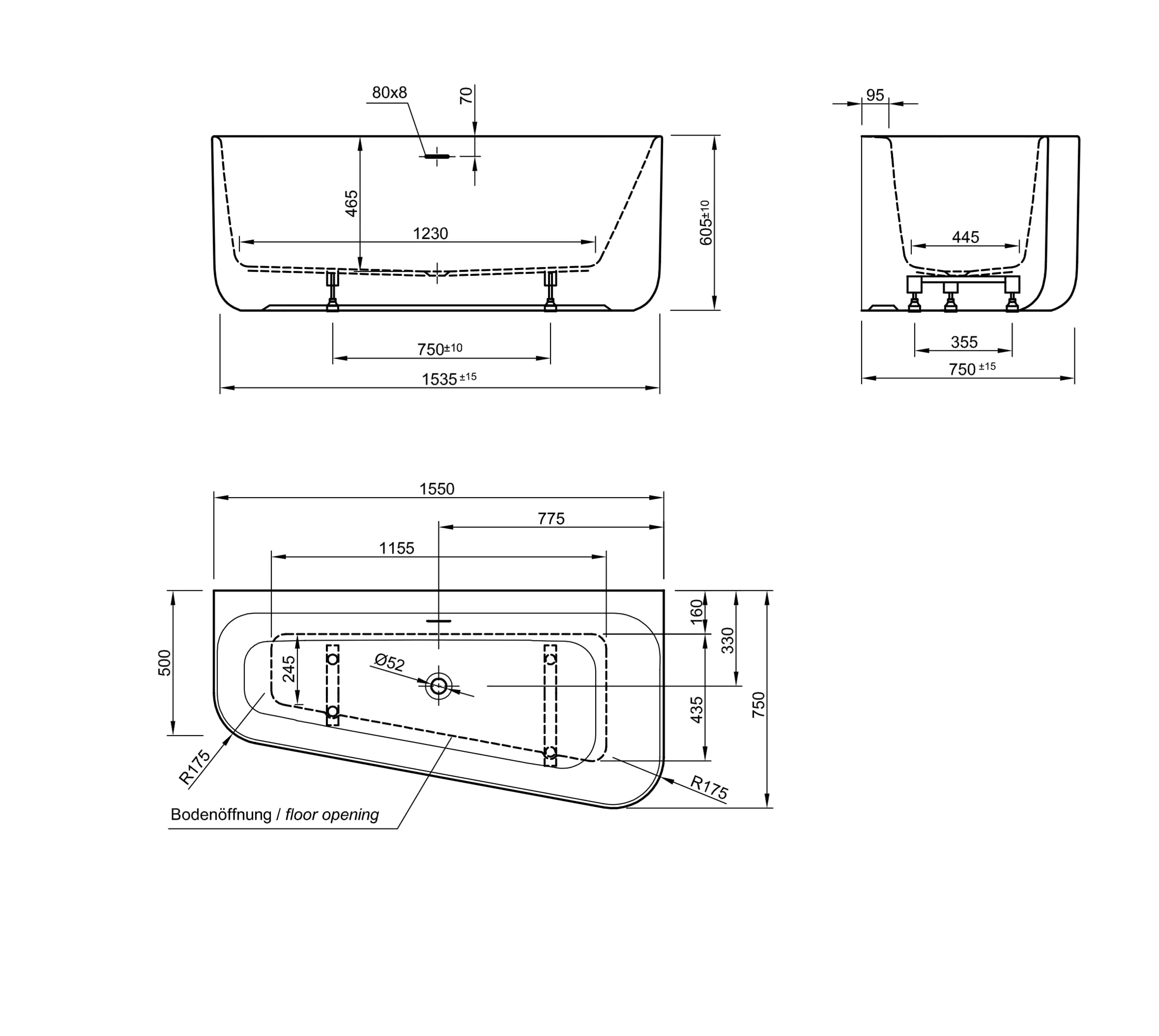 Ottofond Badewanne Pino links mit 3-Loch-Wannenrandarmatur S3000
