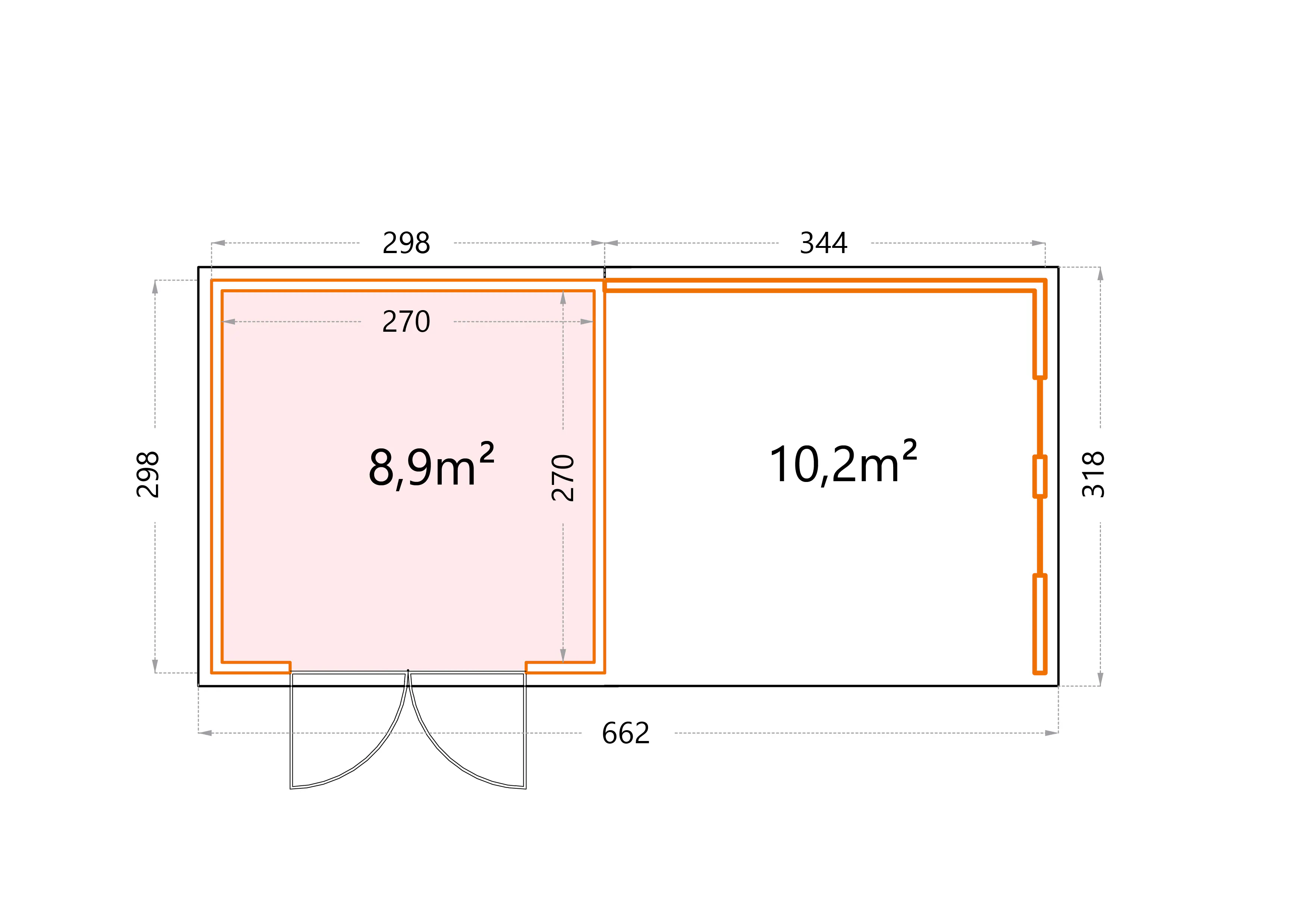Telluria Gerätehaus Classico Lounge L mit Fenstern 3030 rechts EW weiß 642 x 298 cm