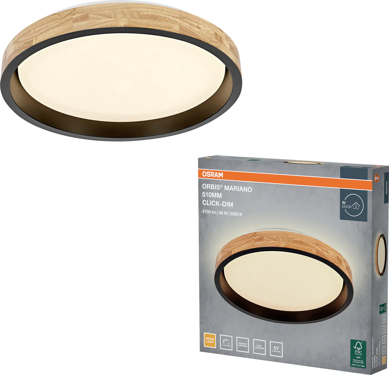 Osram LED-Deckenleuchte Orbis Mariano Ø51 cm 36 W Holzdekor schwarz dimmbar