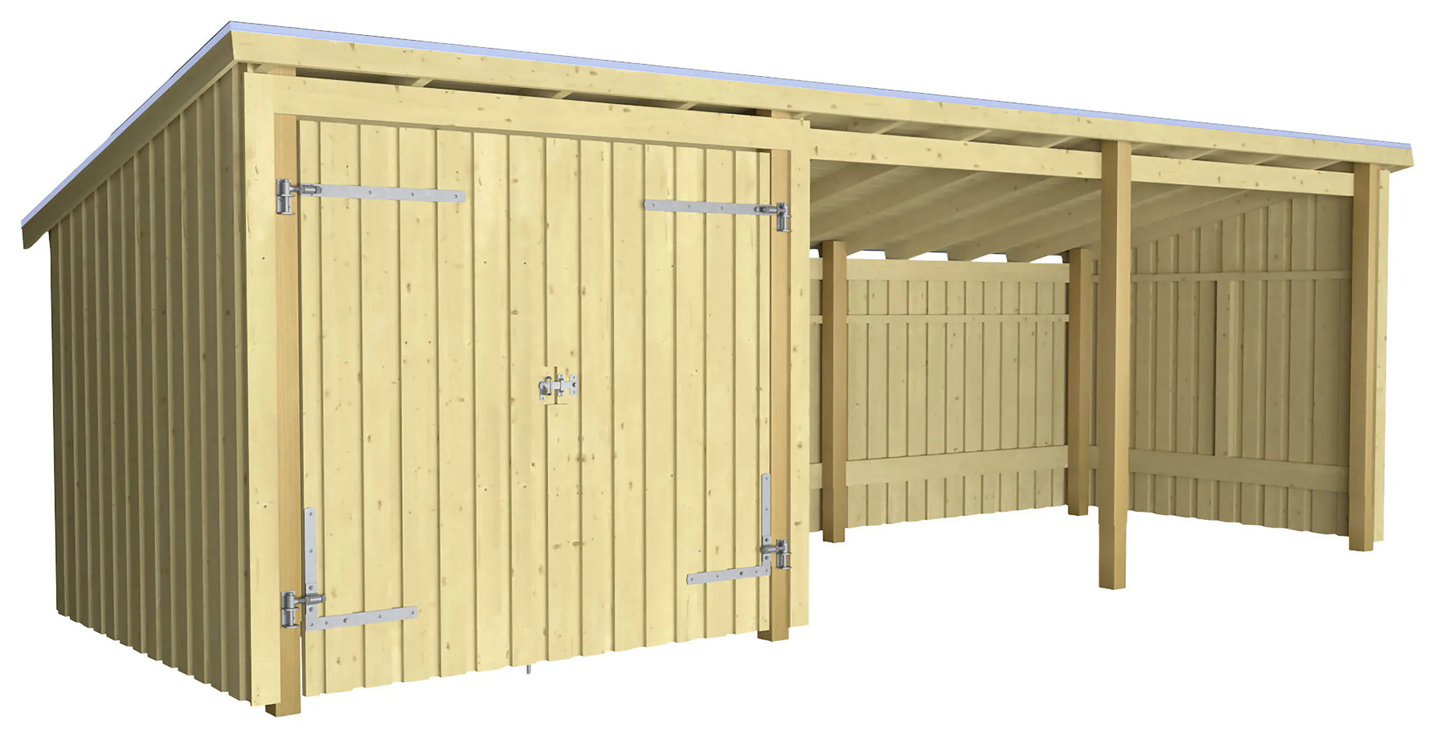 Plus Gartenhaus Nordic Multi 619 x 208 cm natur mit Doppeltür, offen, Dachpappe