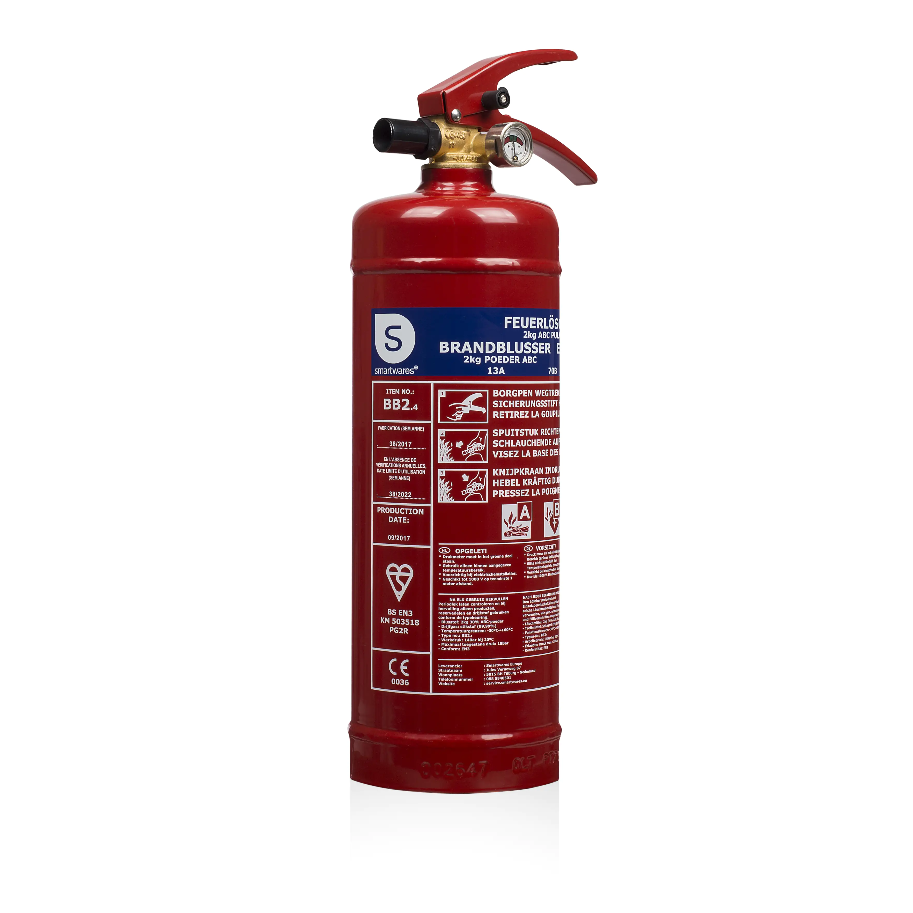 8711658469539 Smartwares Feuerlöscher BB2 2 kg - für ABC Brände, mit Halterung Manometer