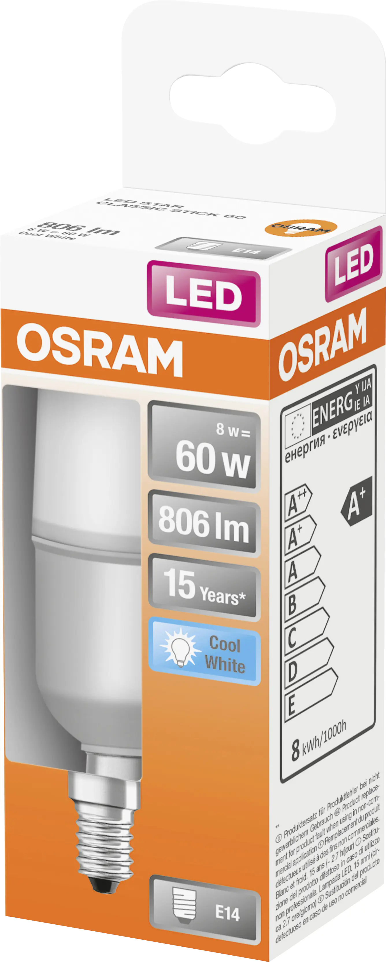 Osram LED Leuchtmittel Stick 60 FR8 E14 8W neutralweiß, weiß matt